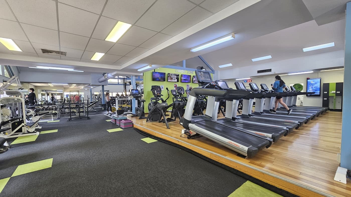 The gym's right section features a timber floor with aligned treadmills, one currently in use. The left section has grey carpet and neon green tiles, hosting rowing machines and weights. Flat-screen TVs are mounted on the middle wall, with posters on the right. The ceiling is white, and more gym goers are visible inside.