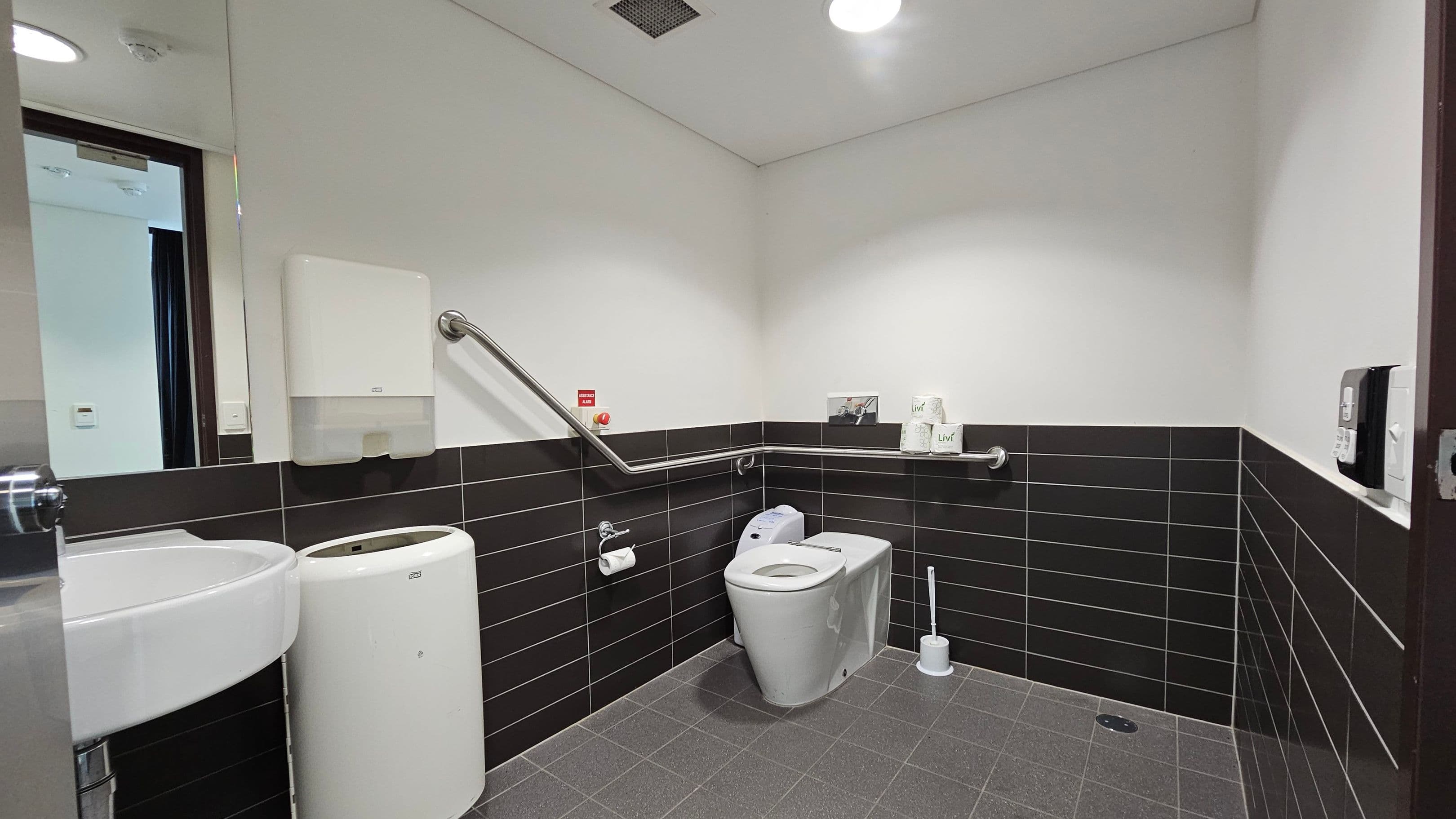 Accessible bathroom with grey tiled floor and white ceiling. On the left, a white sink with a mirror above and a bin beside it. The middle features a toilet with a support rail, toilet paper, and a brush. The walls are half-tiled with black tiles. A paper towel dispenser and emergency button are mounted on the wall. On the right, a soap dispenser is visible. The room is well-lit with a ceiling light.