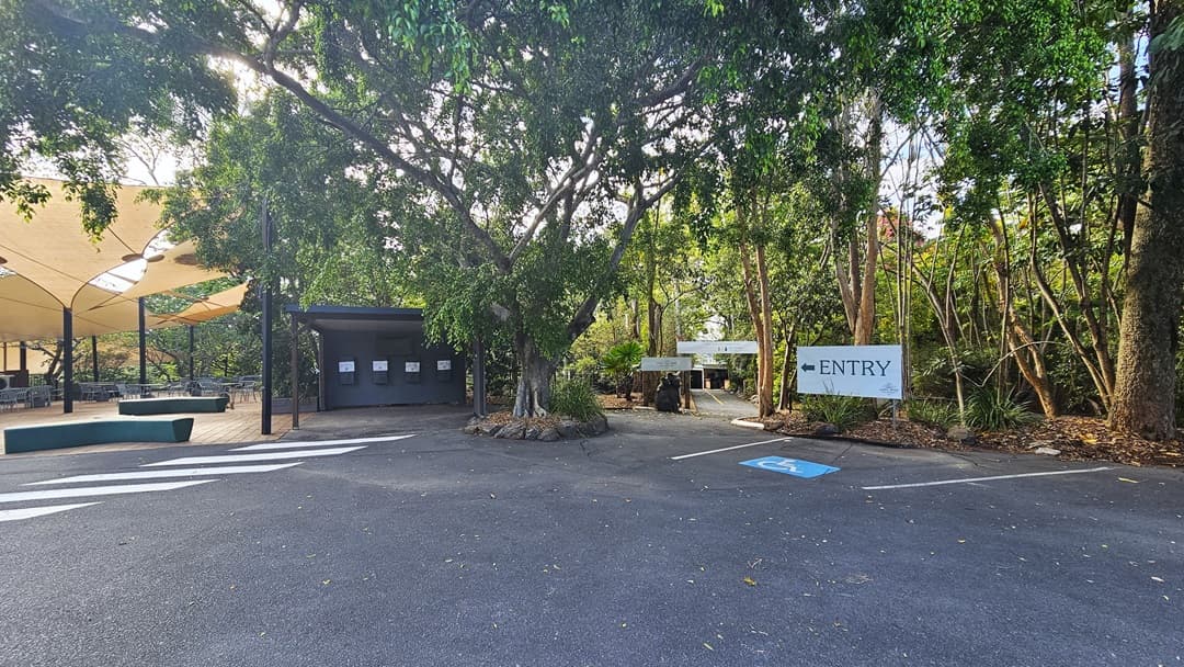 Inside the accessible parking spaces. On the left side, close to the white road markings, the wide cream shades cover an outdoor seating area. The ticketing office area is situated at the back of a massive tree with its bottom surrounded by rocks. Near the entry signage, the International Symbol of Access logo that indicates the space is for persons with mobility disabilities is noticeable. Further ahead is the entrance to the ticketing office.