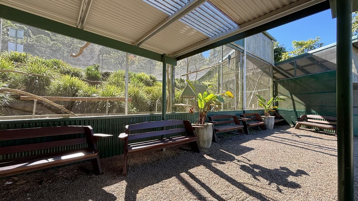 On the left, there is a green door with a sign and a small window. In the middle, there is a green corrugated metal counter with a sign listing prices and information, and a hanging light above. The background features large windows displaying plants and a sign reading "Parrot-dise." On the right, there is a green gate with a sign and a bench with a potted plant beside it.The floor is gravel, and the ceiling is corrugated metal with transparent sections. allowing light through.