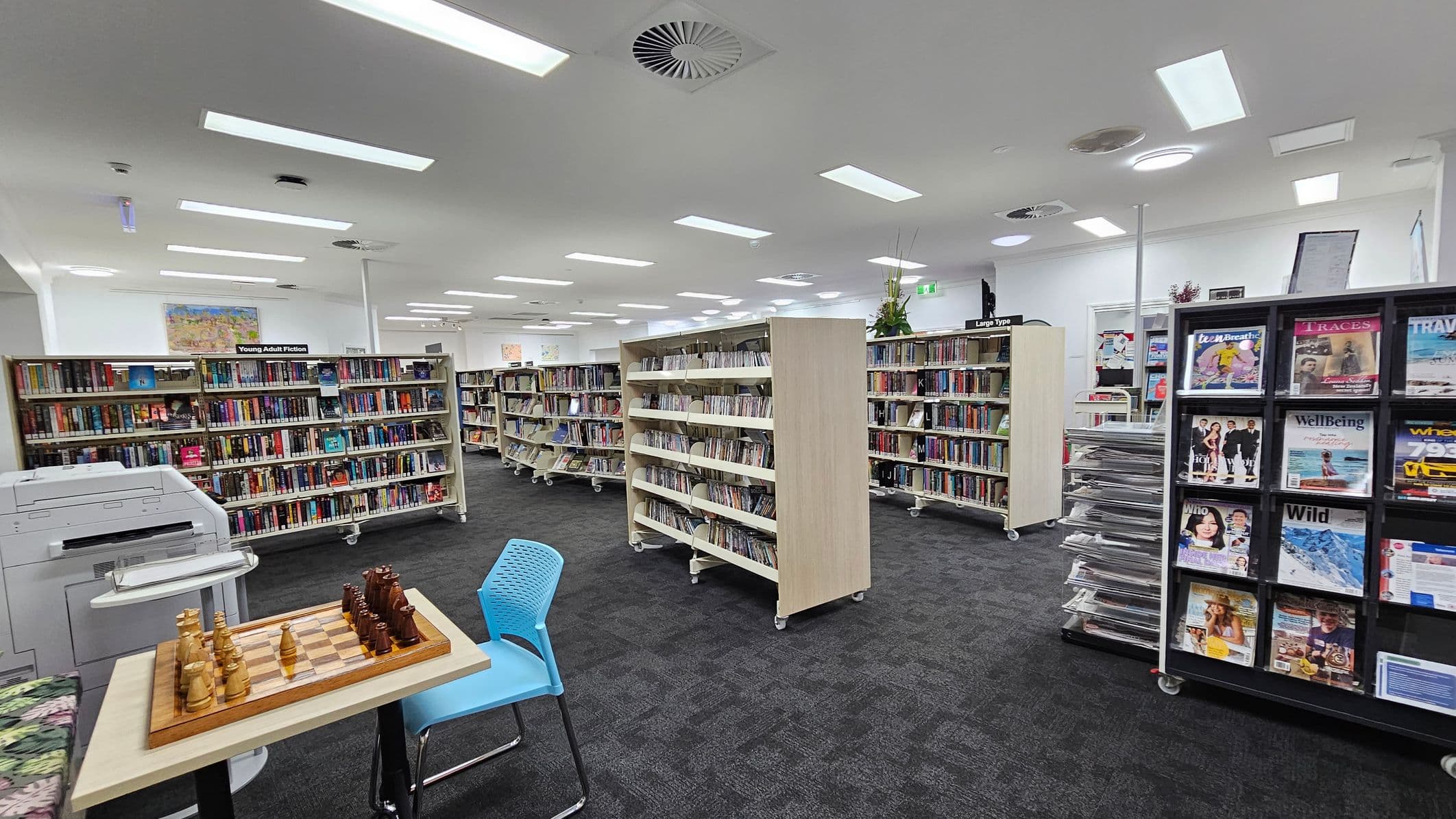 A library interior with several bookshelves filled with books and magazines. On the left, there's a printer and a small table with a chessboard and pieces. A blue chair is nearby. The floor is carpeted in dark grey, and the ceiling has multiple rectangular lights and circular vents. In the background, more bookshelves are visible, labelled "Young Adult Fiction" and "Large Type". A plant is placed on top of one of the shelves.