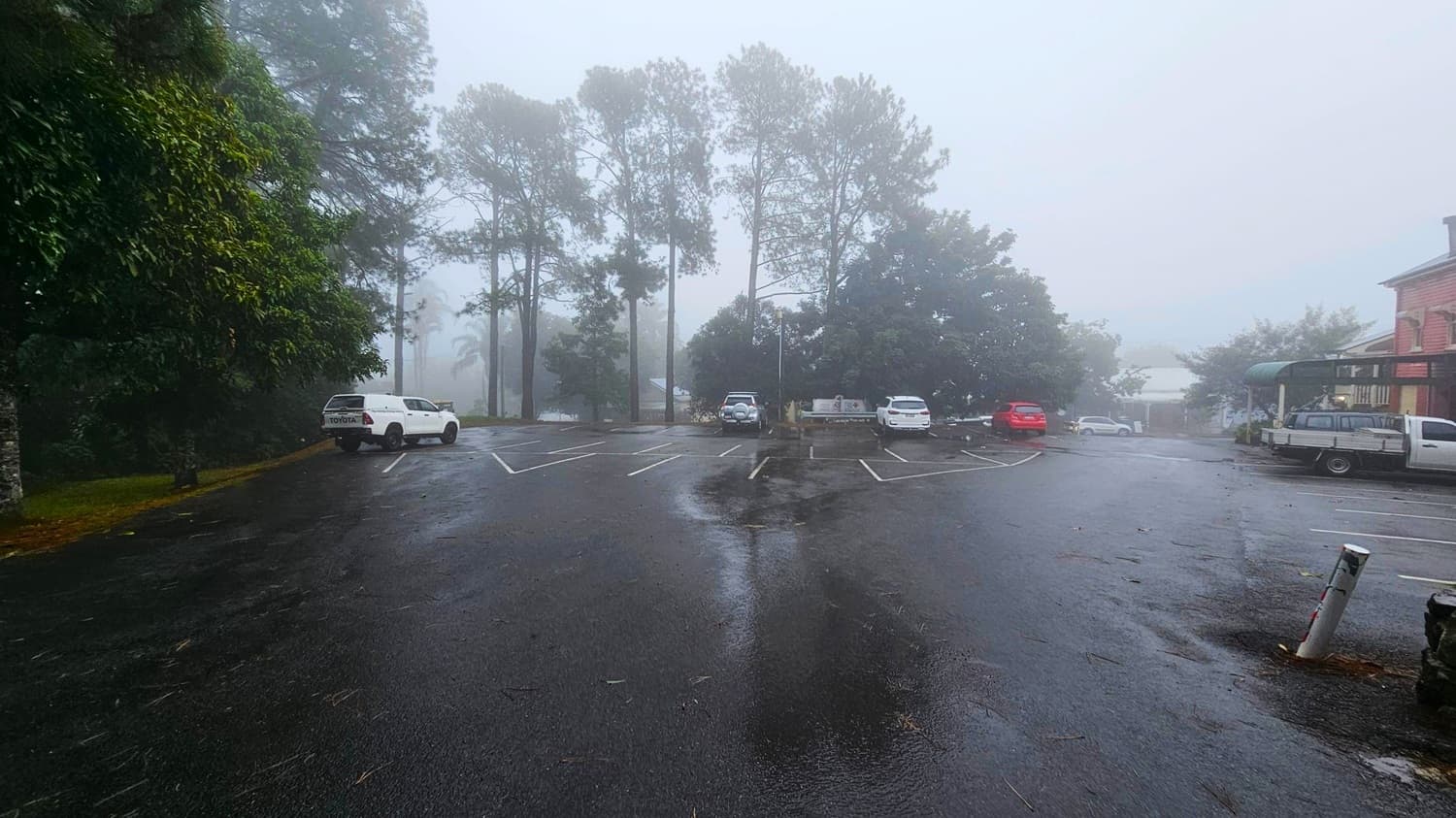 A foggy car park with wet tarmac. On the left, a white vehicle is parked near a tree with dense green foliage. In the centre, several cars are parked, with tall trees in the background. On the right, a red brick building with a green awning is visible, along with more parked vehicles. The atmosphere is misty, and the visibility is low due to the fog.