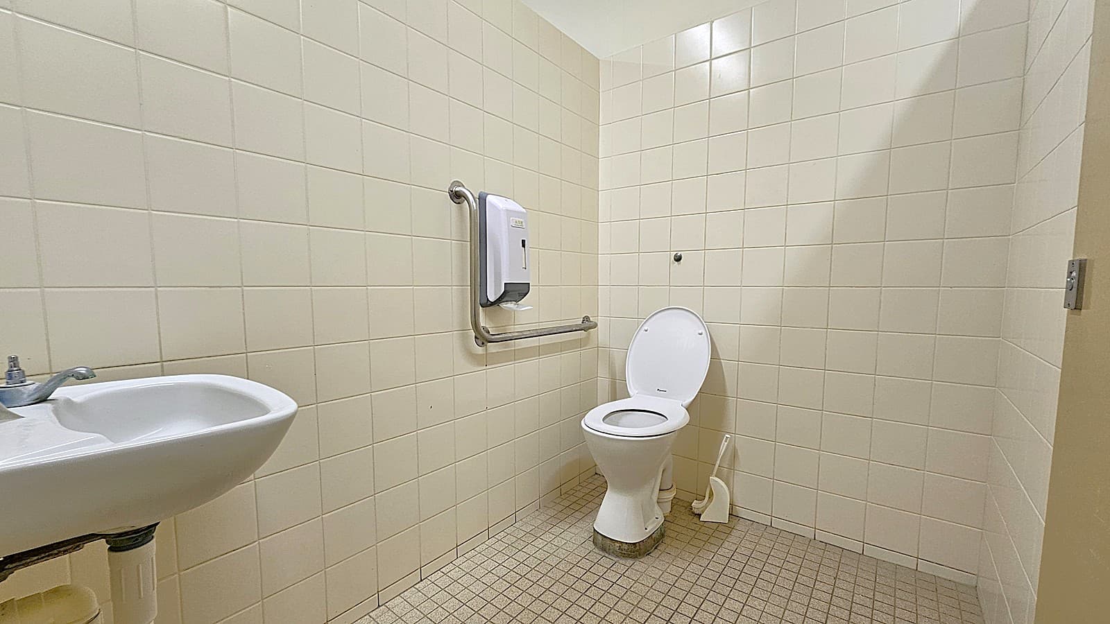 In the left corner is a wash basin. The toilet bowl is positioned in the corner, with handrails and a tissue dispenser mounted on the wall. The entire wall has white tiles, the floor has white tiles, and the ceiling is also white.