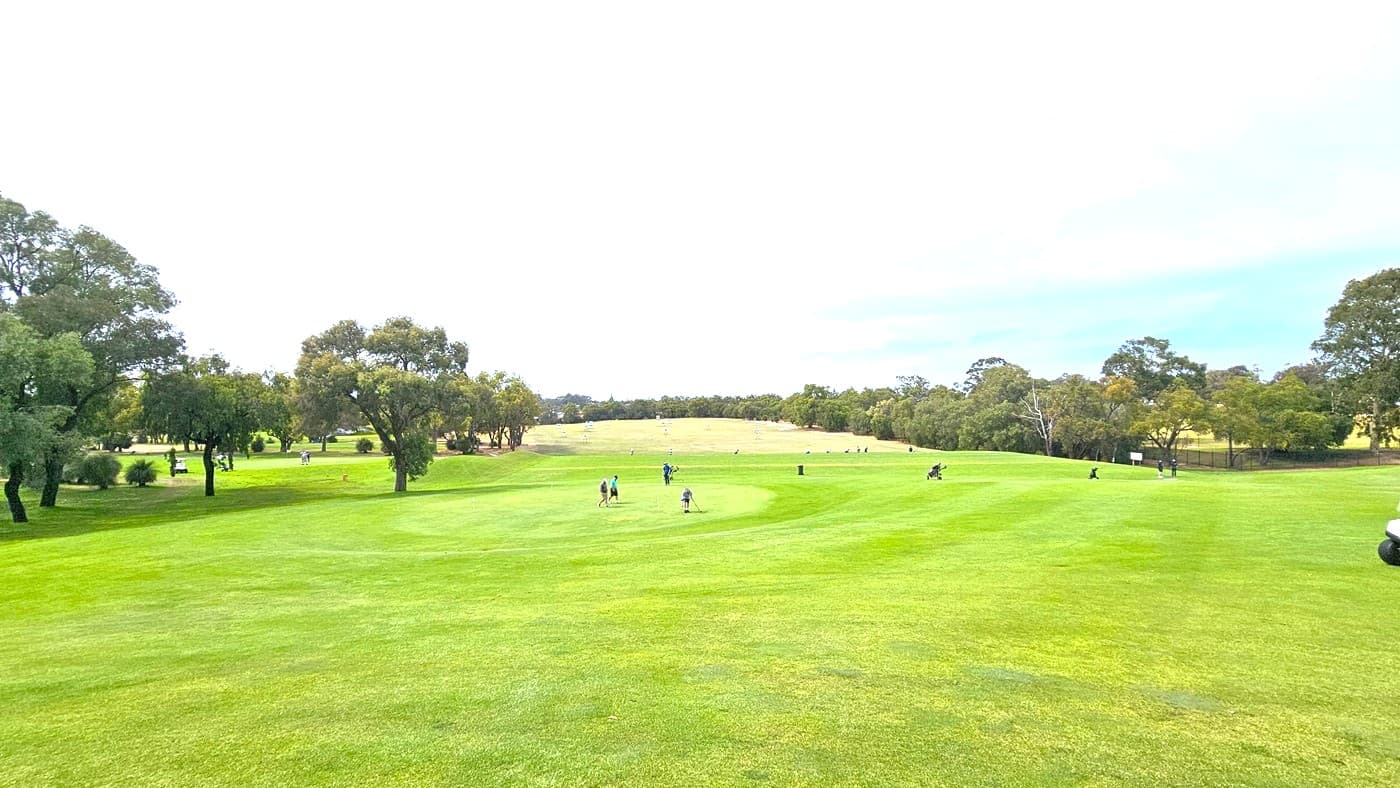 A broader perspective of the golf area. Surrounded by trees and manicured grass, the terrain varies in depth and elevation. Towards the far end, there is a hill covered with grass, and golf players are observable.