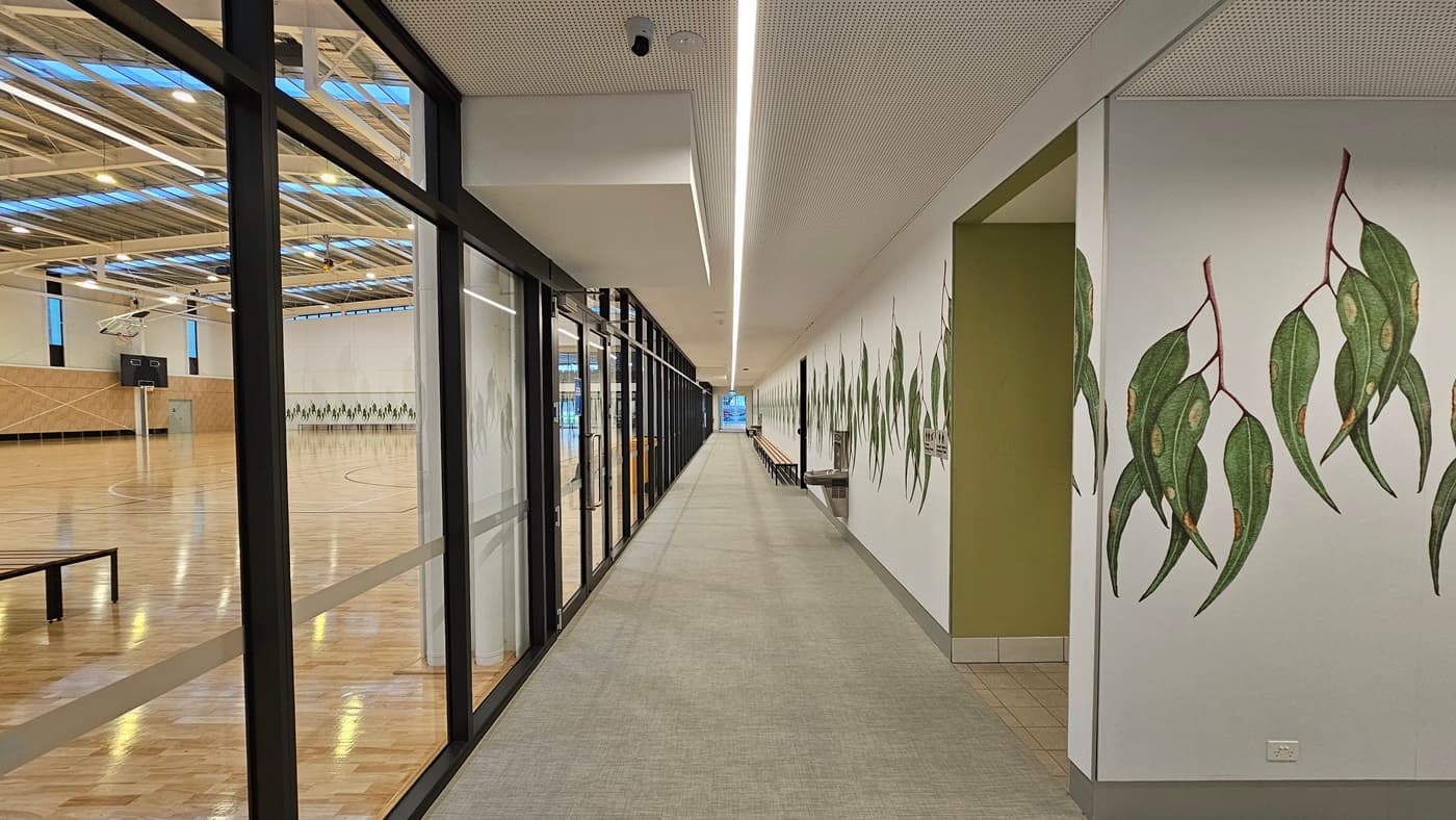 To the left is the stadium enclosed by glass, revealing polished timber floors and an exposed industrial ceiling. In the middle is a corridor leading to the reception area. To the right is a white wall with green foliage decorations extending into the stadium. Adjacent is a tiled area leading to an accessible toilet, marked by signage. The ceiling is white with installed CCTV, and the floor has firm vinyl.