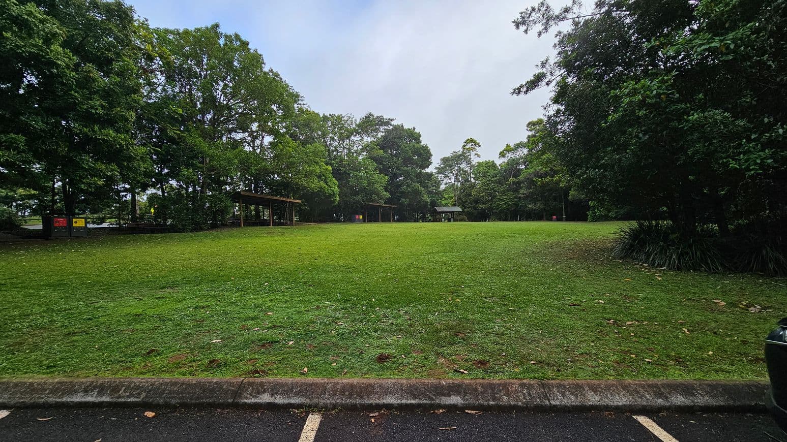 A grassy park area with a large open field in the centre. On the left, there are trees and a covered picnic area with a couple of bins nearby. More trees line the right side, with a small bush in the foreground. In the background, additional trees and another covered area are visible. The foreground shows a kerb and part of a car parked on an asphalt surface.