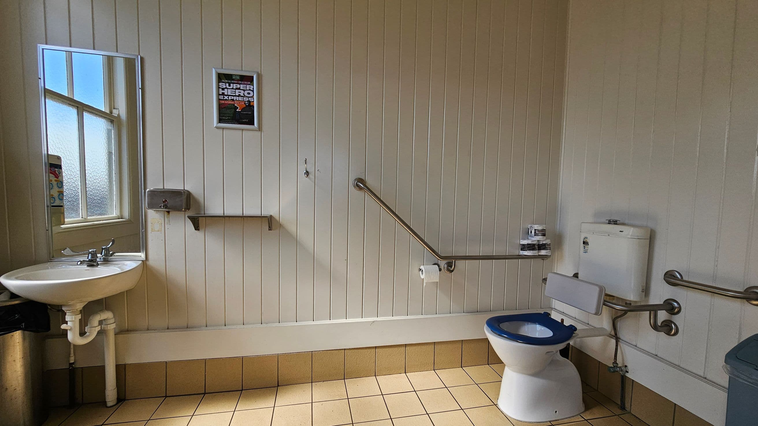 A bathroom with light-coloured panelled walls and a tiled floor. On the left, there's a small sink with a mirror above it and a window beside it. A soap dispenser is mounted on the wall. In the centre, a poster is displayed above a metal shelf. On the right, a toilet with a blue seat is equipped with support rails. A toilet roll holder and a small stack of toilet paper are nearby. A waste bin is partially visible in the foreground.