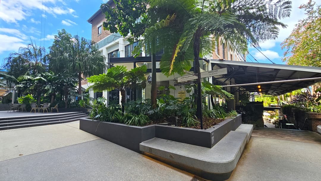 In the centre lies a concrete plant box with tall ornamental plants and trees, accompanied by signage on a pole. To the left, an elevated area hosts movable chairs and tables under the shade of tall palm trees. On the right, an extended roofing shelter descending stairs with handrails. Behind stands a multi-storey building with a brick facade and large windows.