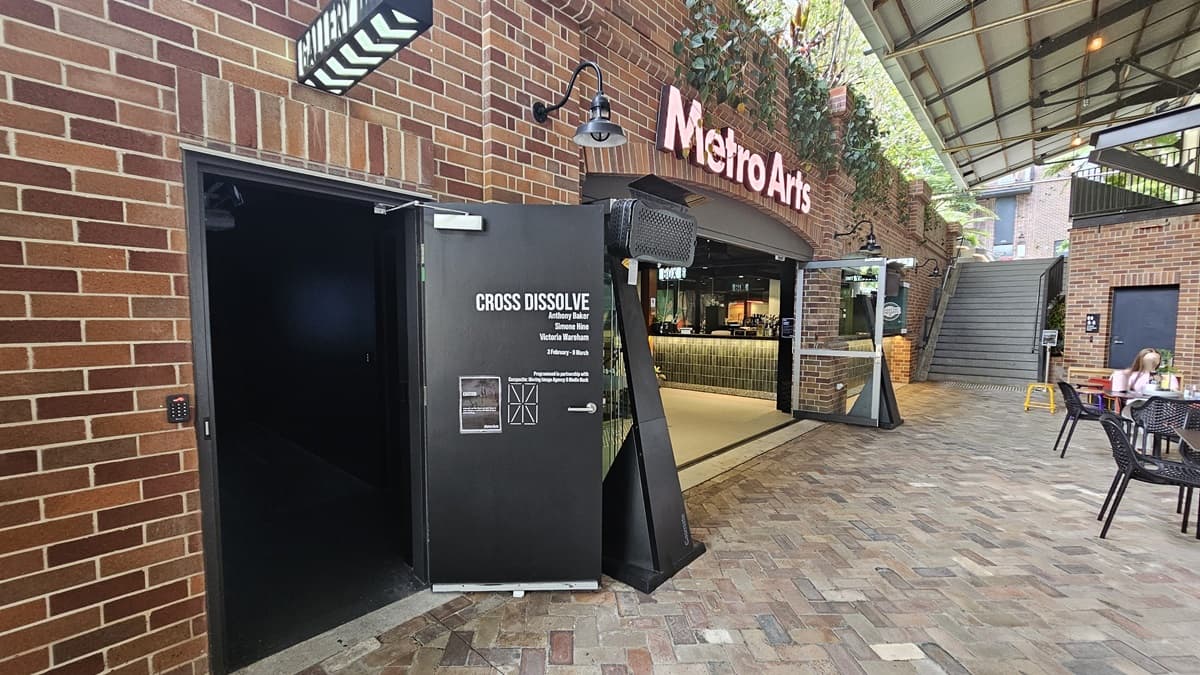 On the left, a fire hydrant and a fire hose reel are placed against the brick wall, alongside a large plant box of ornamental plants. In the middle, there's a grey door that opens outward. To the right, light fixtures are mounted. Further right, there's a descending staircase equipped with handrails and truncated domes, with a purple rope bollard placed before it. The floor is tiled with brick tiles.