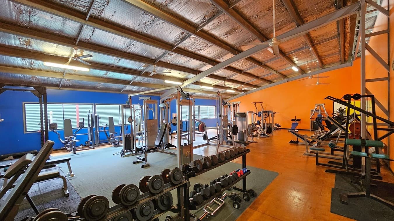 A gym interior with a sloped ceiling featuring exposed insulation and metal beams. On the left, there are blue walls with windows and various exercise machines, including benches and weight machines. In the centre, a rack of dumbbells is visible. On the right, the wall is orange, and there are more exercise machines and equipment, including a ladder. The floor is a mix of rubber mats and wooden surfaces. Ceiling fans are mounted above.