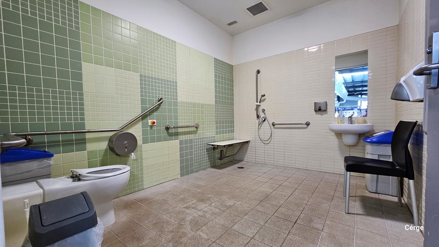 Inside the accessible change room is a green, beige, and white color tile wall scheme with brownstone tile floor. On the varying hues of the green tile wall are grab bars and a circular toilet paper dispenser. On each side of the toilet are grey garbage bins with blue lids, while the other is grey. On the beige tile wall to the back is a white shower seat, a handheld showerhead, a wash basin with a mirror, and another grey bin with a blue lid. On the right is a black plastic chair.