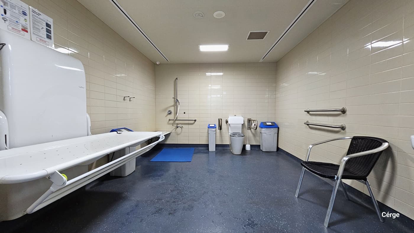 Inside the changing place is a white changing table attached to a rectangular white platform on the left. Next to it is a grey garbage bin with a blue lid, a mounted white shower seat, and a shower section with a handheld shower head and blue rubber mat. The toilet has a grey seat cover and two curved metal grab bars, as well as grey garbage bins with blue lids. On the right wall is a black plastic chair and two grab bars. The room has a dark grey floor, beige tile walls, and a white ceiling.