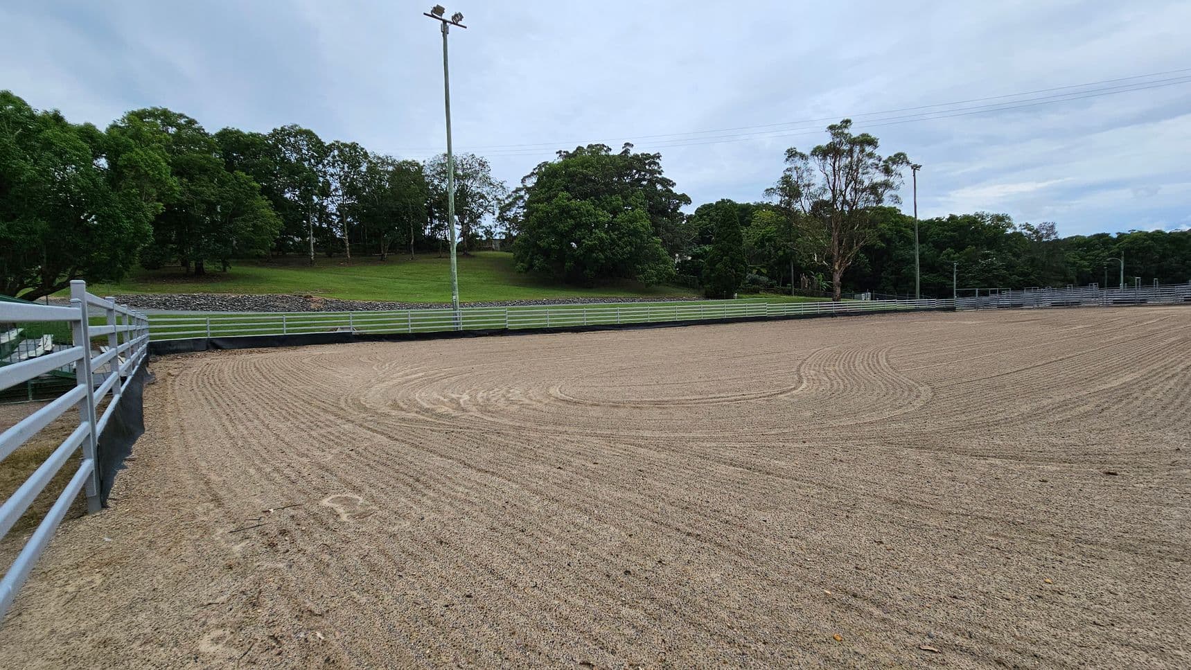 A sandy equestrian arena with visible rake patterns on the ground. On the left, a metal railing runs along the perimeter. In the background, a grassy embankment is lined with trees, and several tall light poles are visible. The area is open and spacious, with a clear view of the surrounding greenery.