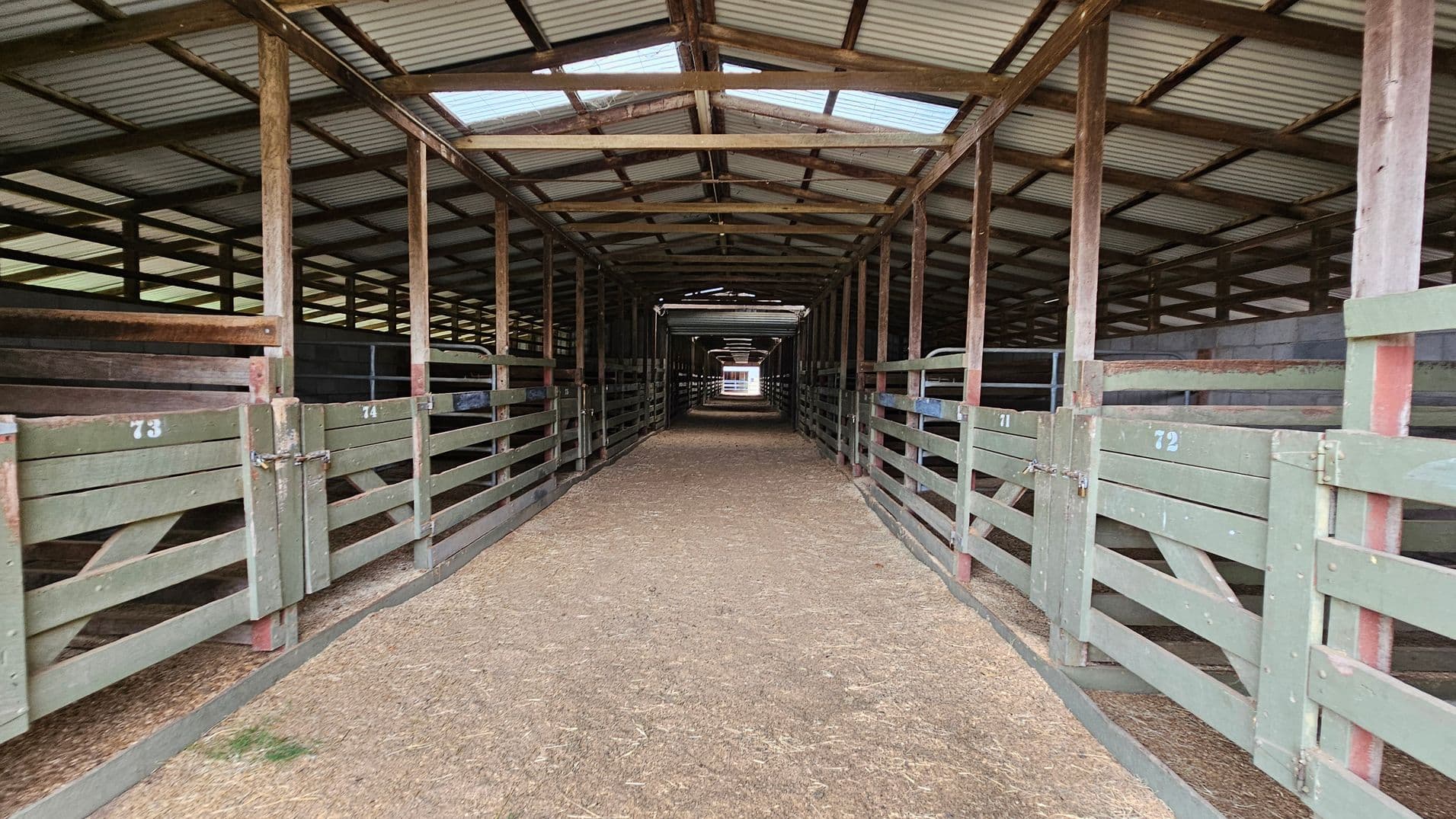 A long, covered walkway inside a stable or barn. Wooden gates with numbers are on both sides, leading to individual stalls. The floor is made of compacted dirt or straw. The ceiling is corrugated metal with wooden beams, allowing some light to filter through. The structure extends into the distance, creating a tunnel-like effect.