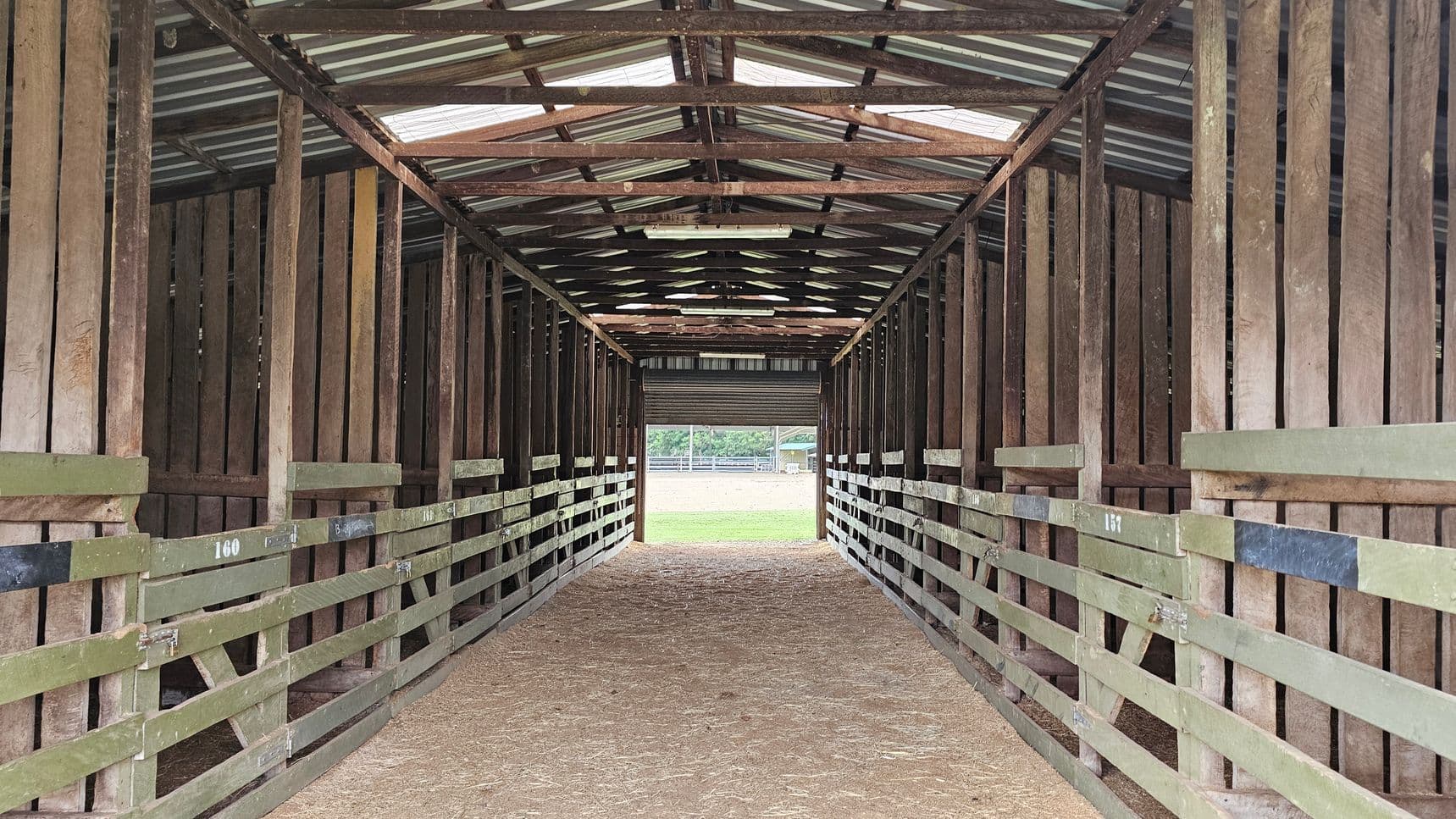 A long, narrow barn interior with wooden slats on both sides, painted in green and brown. The floor is covered with straw, and the ceiling is made of corrugated metal with wooden beams. At the far end, there is an opening leading to a grassy area outside, with a glimpse of a fence and trees in the background.