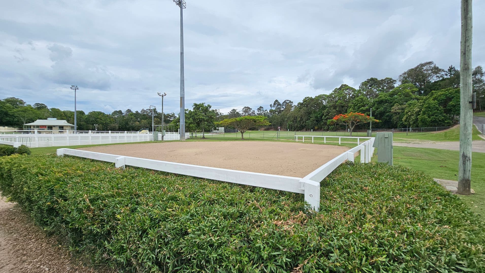 A rectangular sandy area is surrounded by a white fence, with green hedges in the foreground. In the background, there are tall trees and a few scattered smaller trees with red flowers. A building with a green roof is visible to the left, and several tall floodlights are positioned around the area. The ground is grassy, and a wooden utility pole stands on the right.