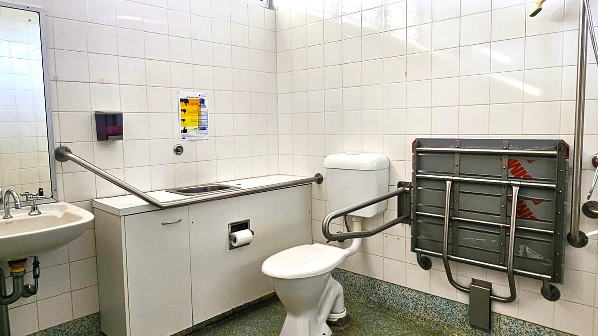 On the left, there is a white sink with a mirror above it, a soap dispenser, and a grab bar. On the right, there is a folded wall-mounted changing table with safety straps. In the middle, there is a white toilet with grab bars on both sides and a white cabinet with a built-in sink and a paper towel dispenser above it. The floor is speckled green, and the ceiling is white with fluorescent lights.
