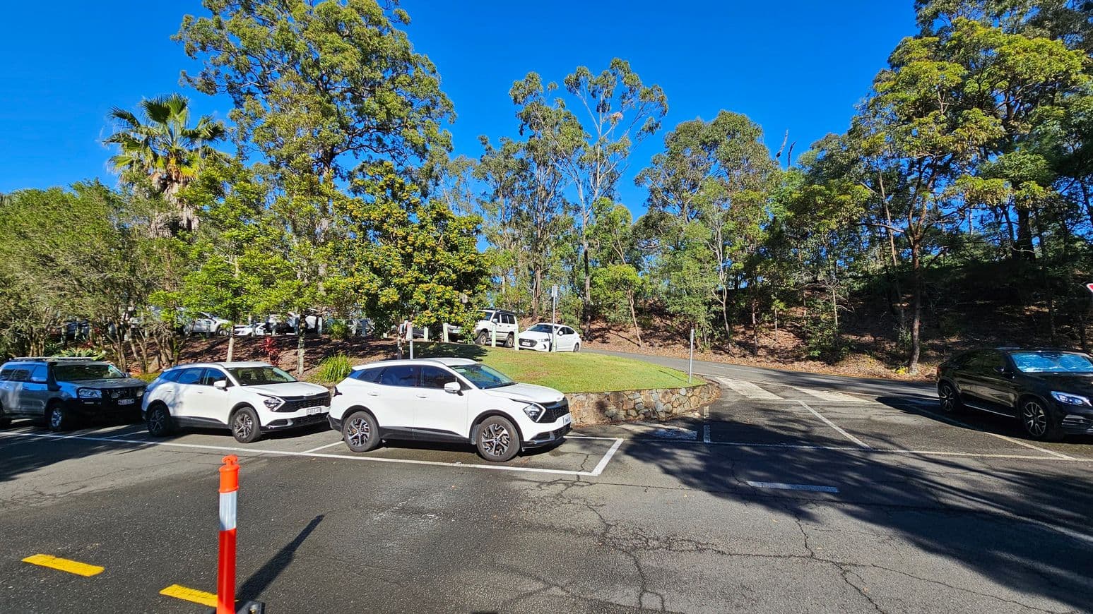 A car park with several vehicles, including white and black cars, is in the foreground. A bright orange traffic cone is visible near the centre. The background features a grassy area bordered by a low stone wall, with tall trees and dense foliage. The ground is paved with visible cracks, and the area is well-lit by sunlight.