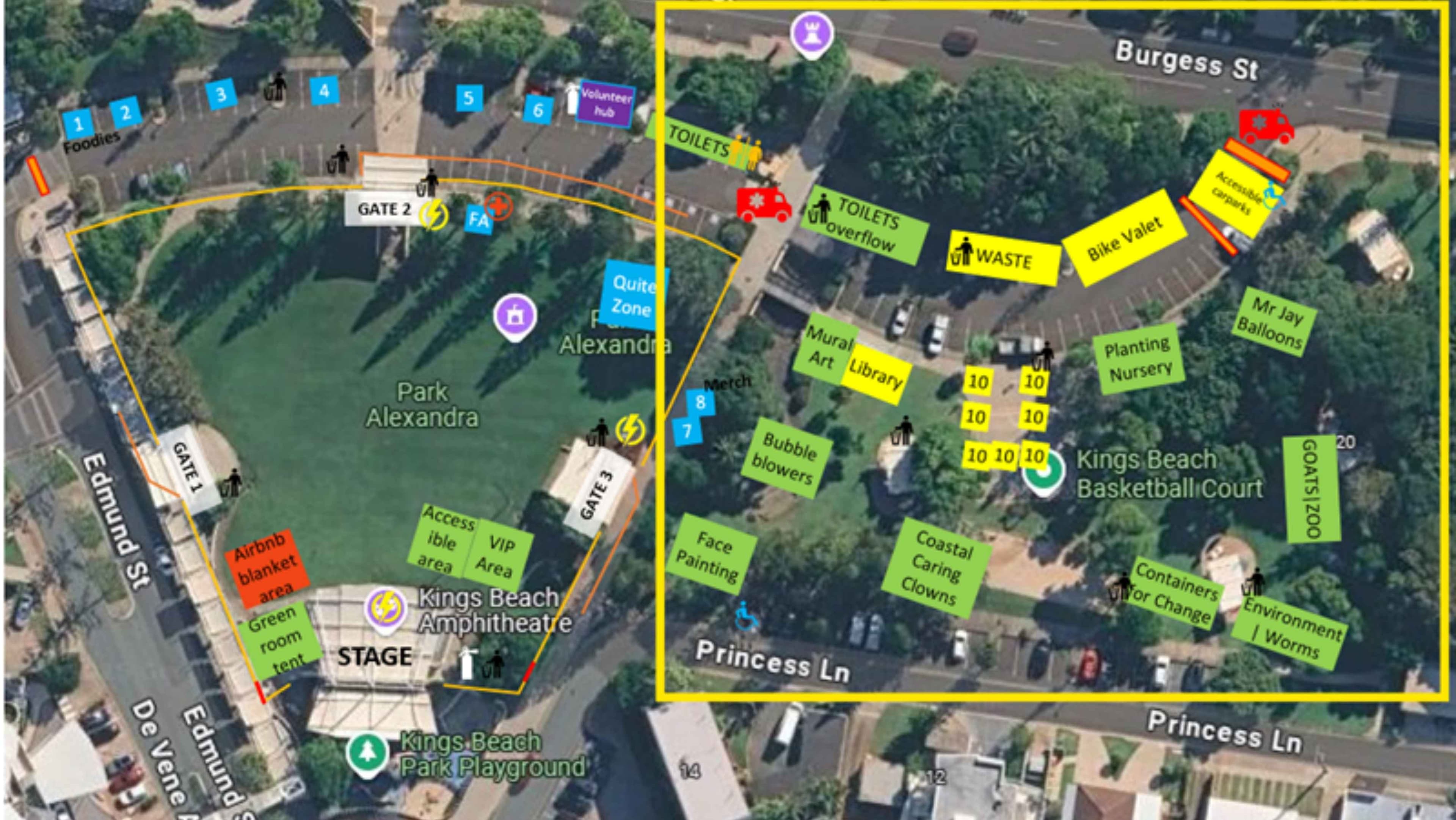 Aerial view of a park area split by a yellow boundary: left side shows Kings Beach Amphitheatre with a stage, surrounding paths, gates, and a few buildings along Edmund Street; a grassy open space labelled “Park Alexandra” and tree-lined edges. Right side features a dense array of colourful signs and labels on the ground, including “TOILETS”, “Waste”, “Bike Valet”, “Planting Nursery”, and various stalls; a road with parked cars forms the far background, and Princess Lane runs along the bottom.
