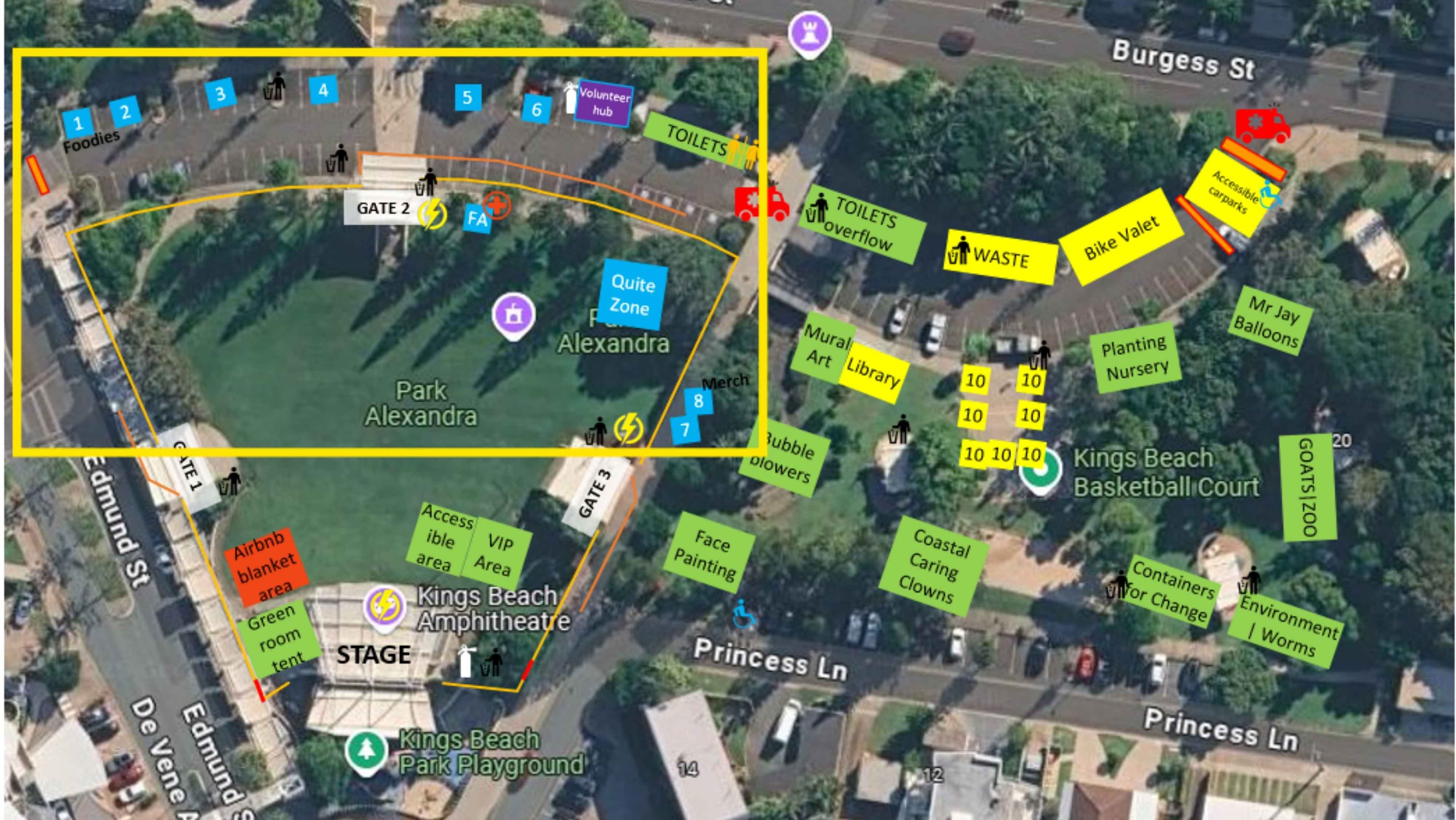 Aerial view of a park layout. On the left, a large yellow rectangle outlines a grassy area with paths, trees, a gate labelled “GATE 2”, and several blue numbered markers (1–6) near a row of food stalls. A stage and amphitheatre are in the bottom-left corner with surrounding tents and access paths. On the right, a cluster of yellow and green signs marks amenities such as toilets, waste, bike valet, library, mural art, and planting nursery along a curved walkway and parking area.