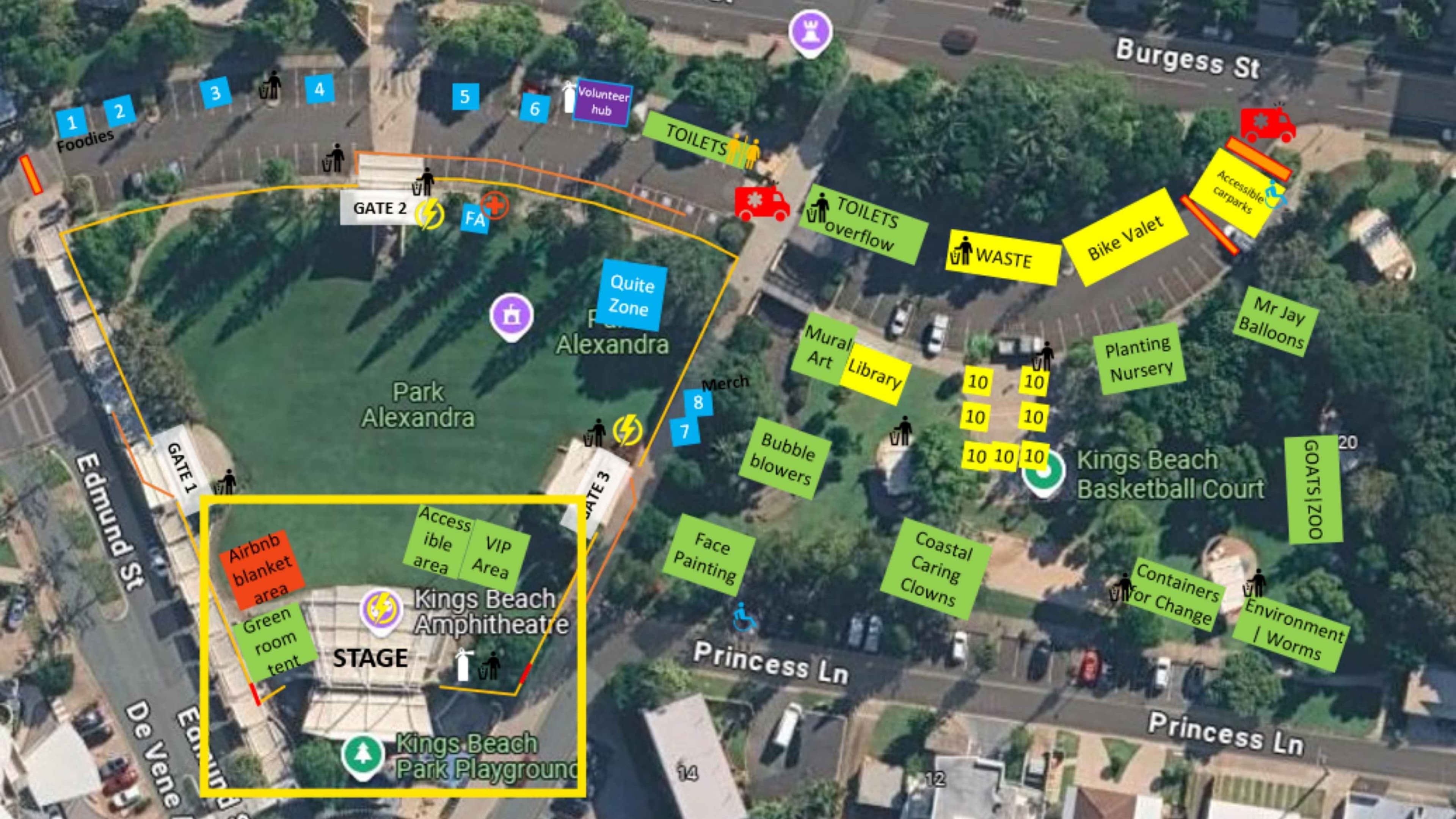 A grassy park area with a large rectangular amphitheatre area labelled “Stage” and a yellow outline around it; surrounding paths and stair access, a small “Kings Beach Amphitheatre” label, and a cluster of green and yellow signs marking facilities. Right: A busy event layout with numerous green and yellow directional signs, a “TOILETS” block, a “Bike Valet” area, a mural art zone, and several booths near Princess Lane; foreground shows parked cars along the edge of the site.
