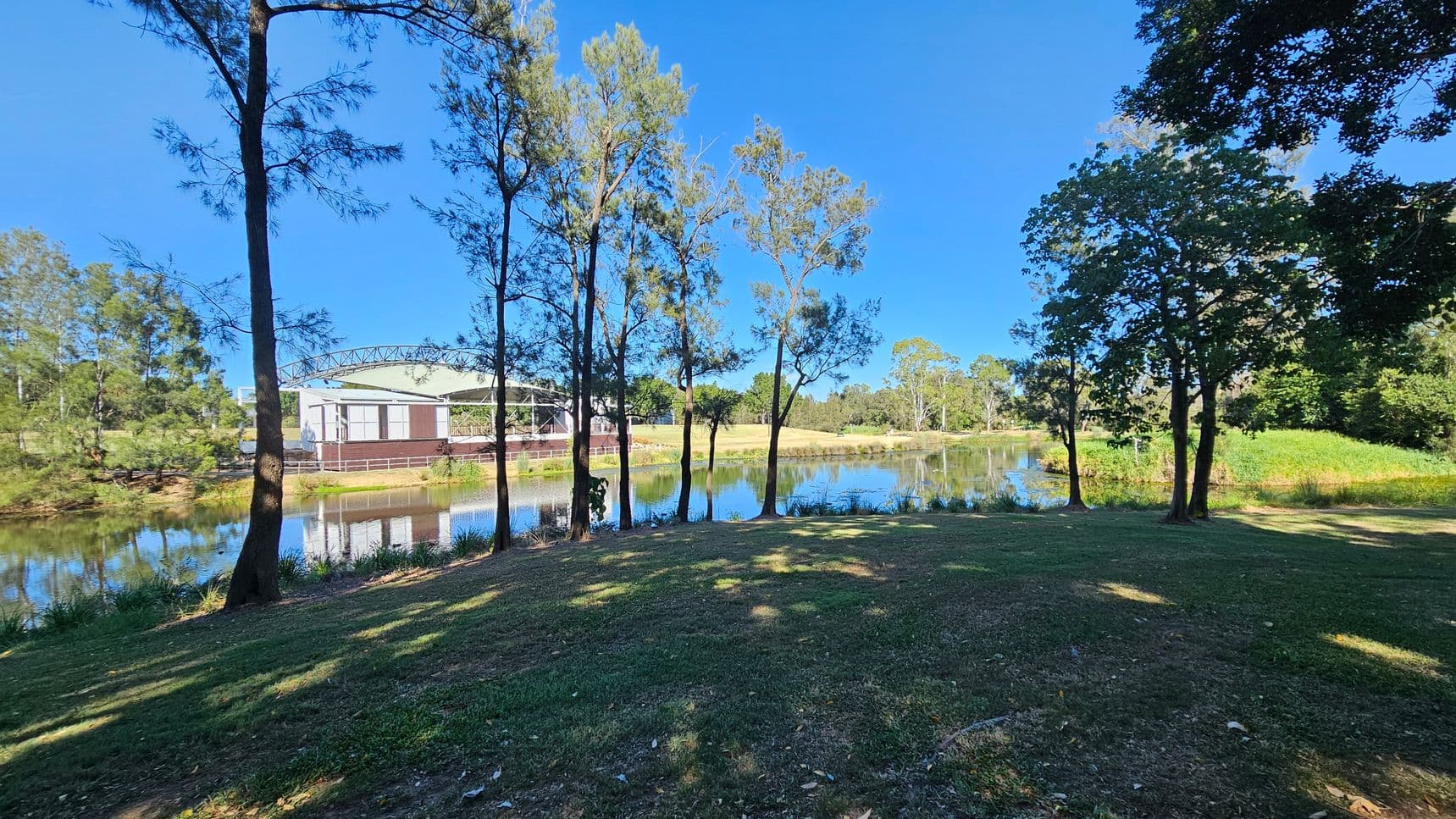 A grassy area in the foreground with scattered trees casting shadows. In the middle, a calm body of water reflects the surrounding trees and a building with a curved roof on the left. The background features more trees and greenery under a clear blue sky.