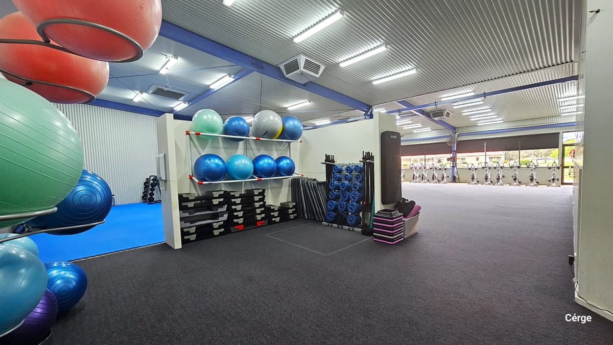 Inside the Group Fitness Centre. Several exercise balls of different colors are placed on a stainless steel rack with circular ends that hold each ball in position. The majority of the floor is a grey rubber mat, but a section to the left is covered in blue rubber mats. A cream window separates the grey mat floor and the blue floor while holding balls, mats, etc. Further to the right is an open space, with a line of equipment near the glass windows with an outdoor view.