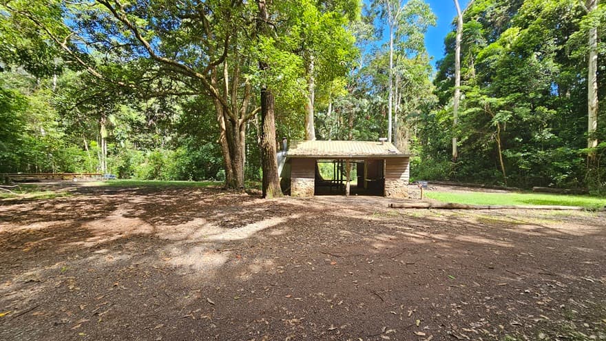 A straight unpaved dirt path leads to a hut. Native grass, shrubs, and tall trees border both sides of the pathway.