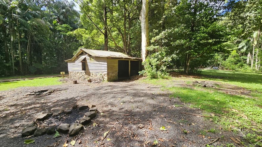 In an open, unpaved area, a hut constructed from half concrete and half timber stands beneath the shade of tall trees. Nearby, bonfire spots are positioned. Towering trees, along with native plants and grass, dominate both sides.