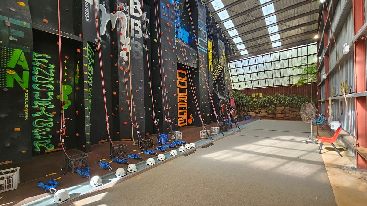 To the left, a black climbing wall with multi-colored steps is equipped with climbing gear like ropes, headgear, and gloves. The ceiling and upper wall display large metal beams with silver insulation. The left wall has corrugated metal sheets. Plastic chairs are arranged, along with a fan. Landscape plants border the middle wall.
