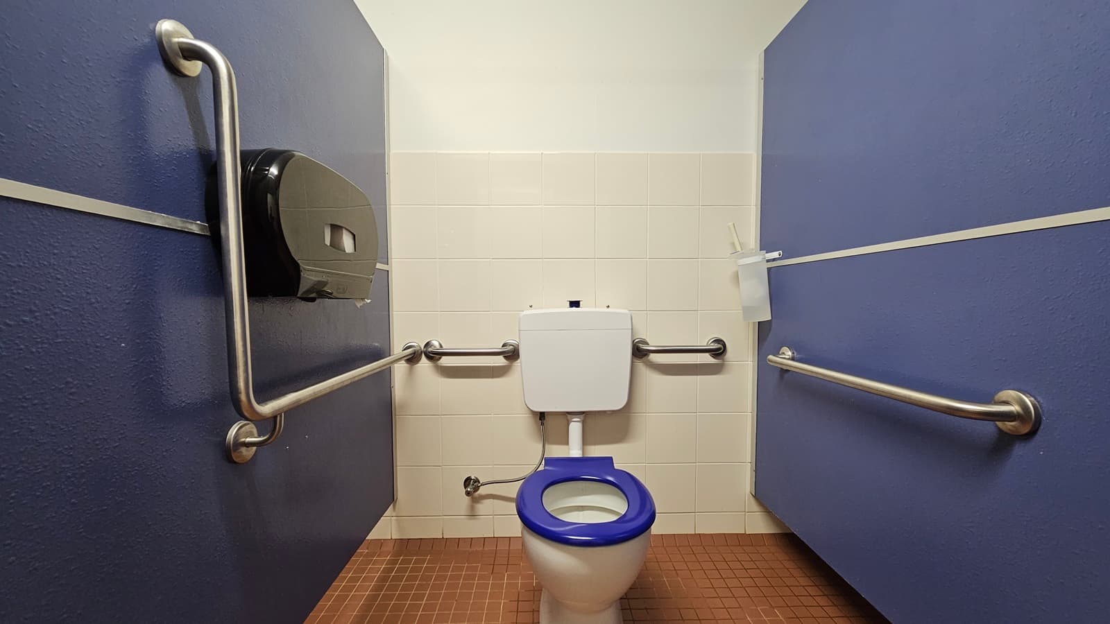 In the middle, a toilet bowl equipped with hand grabs. A tissue dispenser is mounted on the left wall. Blue walls on both sides, with white tiles on the back wall. A toilet brush is affixed to the upper right wall. The floor is tiled brown, and the ceiling is all white.
