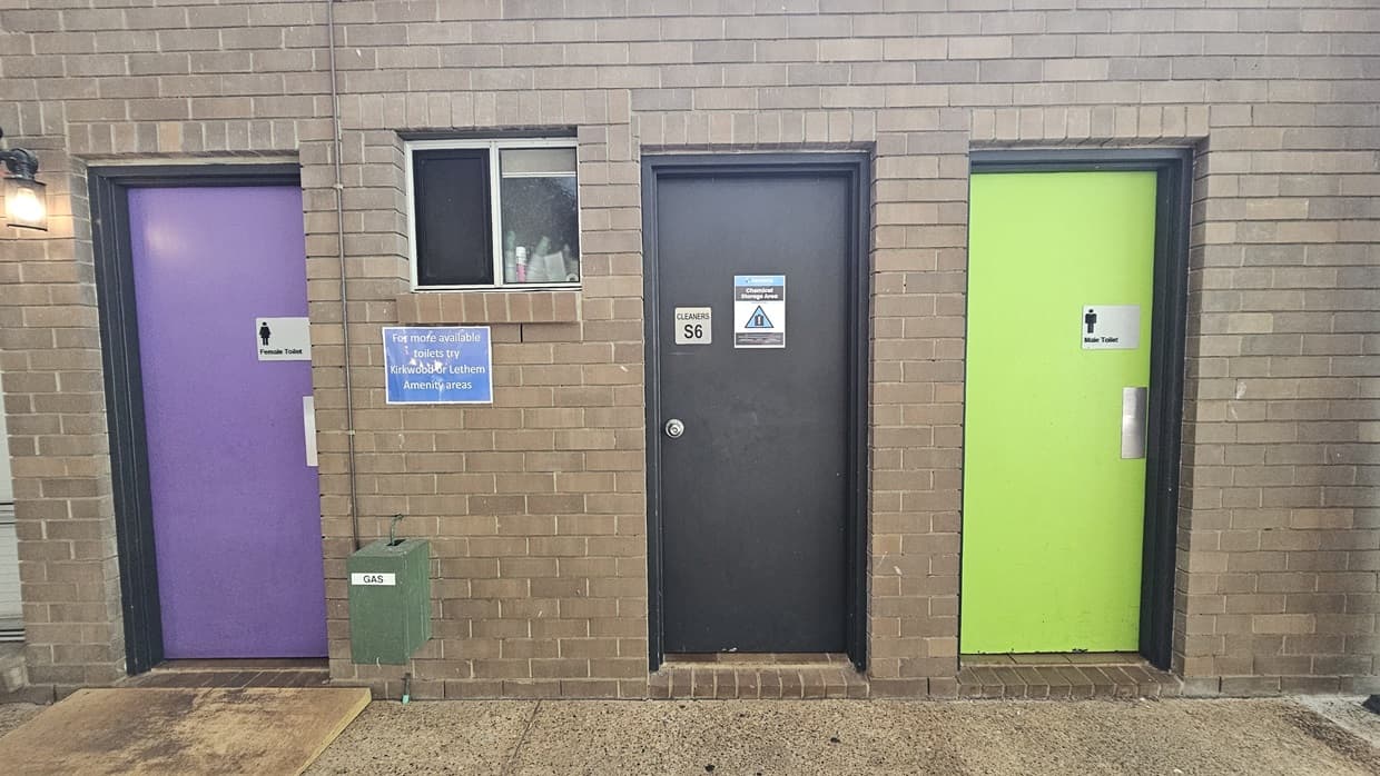 Three toilet doors of different colors: purple for Females, black for cleaning supplies access, and green for Males. Adjacent to the purple door is a window displaying toiletries, with signage. The wall is tiled in light brown, while the floor is cement.