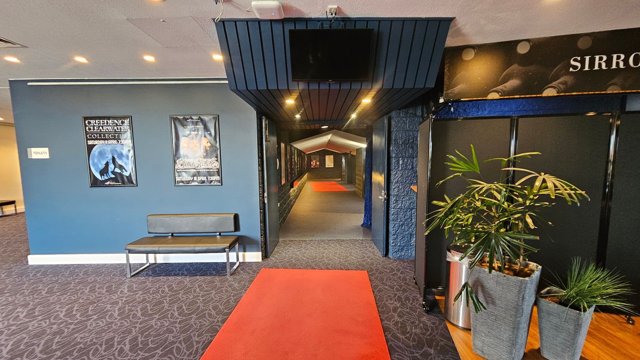 A hallway with a red carpet leading into a corridor. On the left, a blue wall features two posters and a sign for toilets, with a bench below. On the right, there are two potted plants on a wooden surface. The ceiling has recessed lighting, and a black panel with a screen is above the entrance to the corridor. The floor is covered with a patterned carpet.