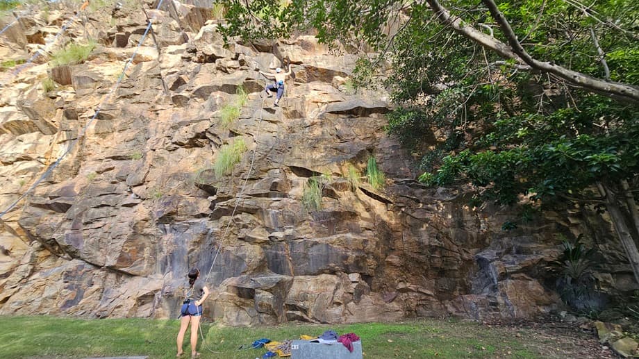 A man climbs a cliff while a woman stands below, holding the rope. Wild grass grows on the cliff, and green grass covers the ground. A tall tree stands to the right, and belongings are placed on top of the grass.