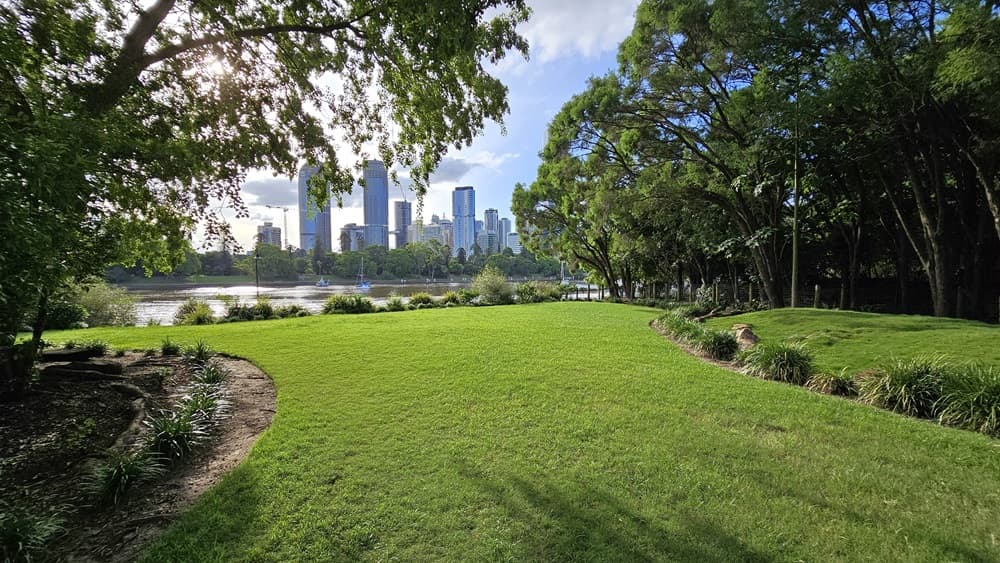 A spacious green landscape with neatly trimmed grass, rocks, ornamental plants, and trees on both sides. Along the riverbank are trees and neatly trimmed shrubs. In the centre flows a river, with skyscrapers in the background.