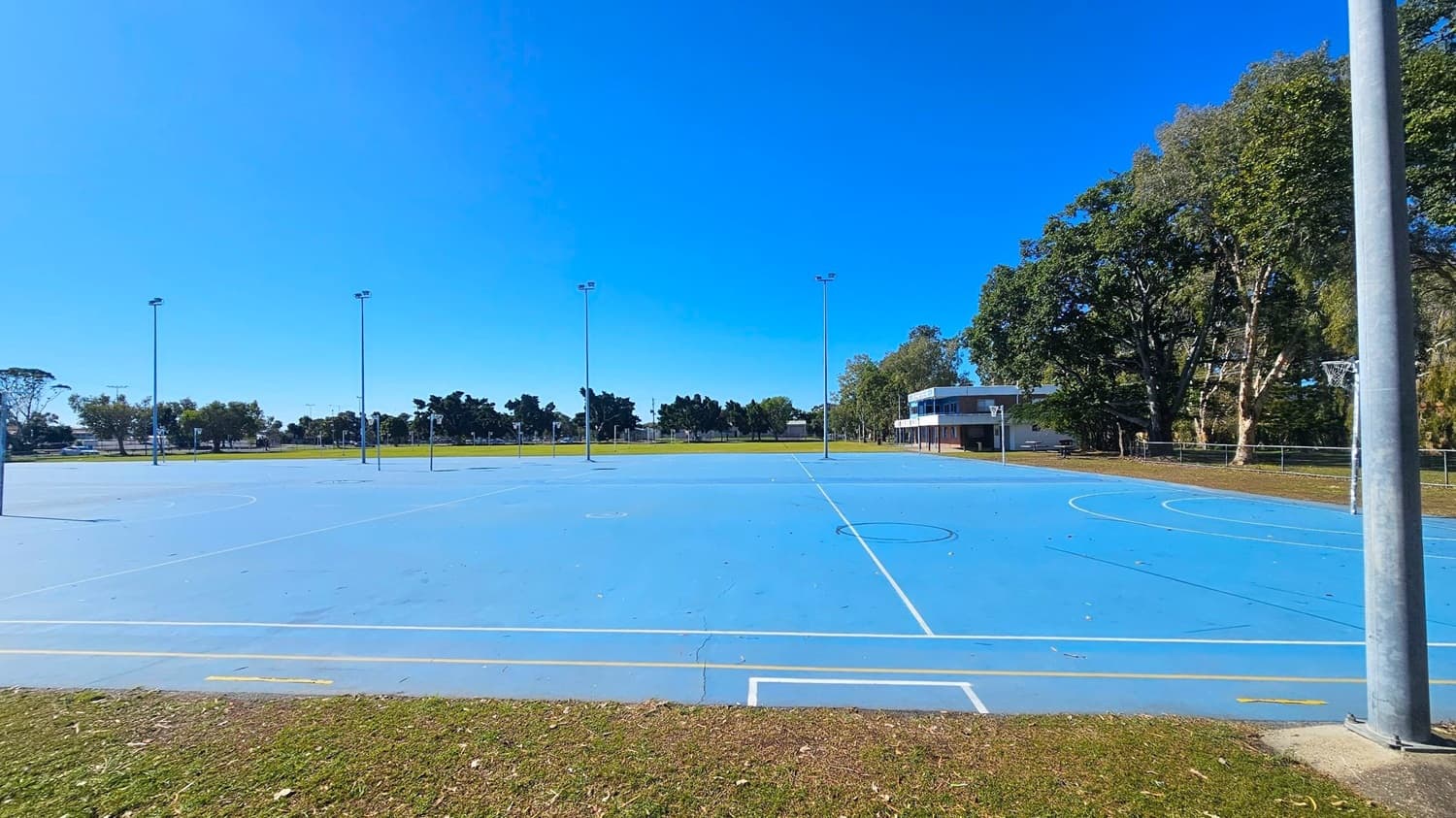 A blue outdoor netball court with multiple poles and hoops is in the centre. The court is surrounded by grass. On the right, there are tall trees and a building with a covered area. In the background, more trees and a clear sky are visible. The court has white and yellow lines marking the playing areas.