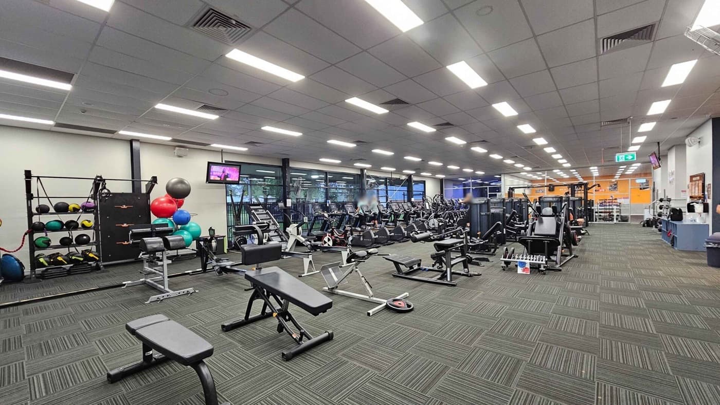 A spacious gym interior with a green carpeted floor. On the left, there are rows of exercise machines, including treadmills and rowing machines, near large windows. In the middle, various weightlifting benches and equipment are arranged. On the right, a wall with white cubby storage units, a whiteboard, and motivational posters. The ceiling is lined with bright fluorescent lights.