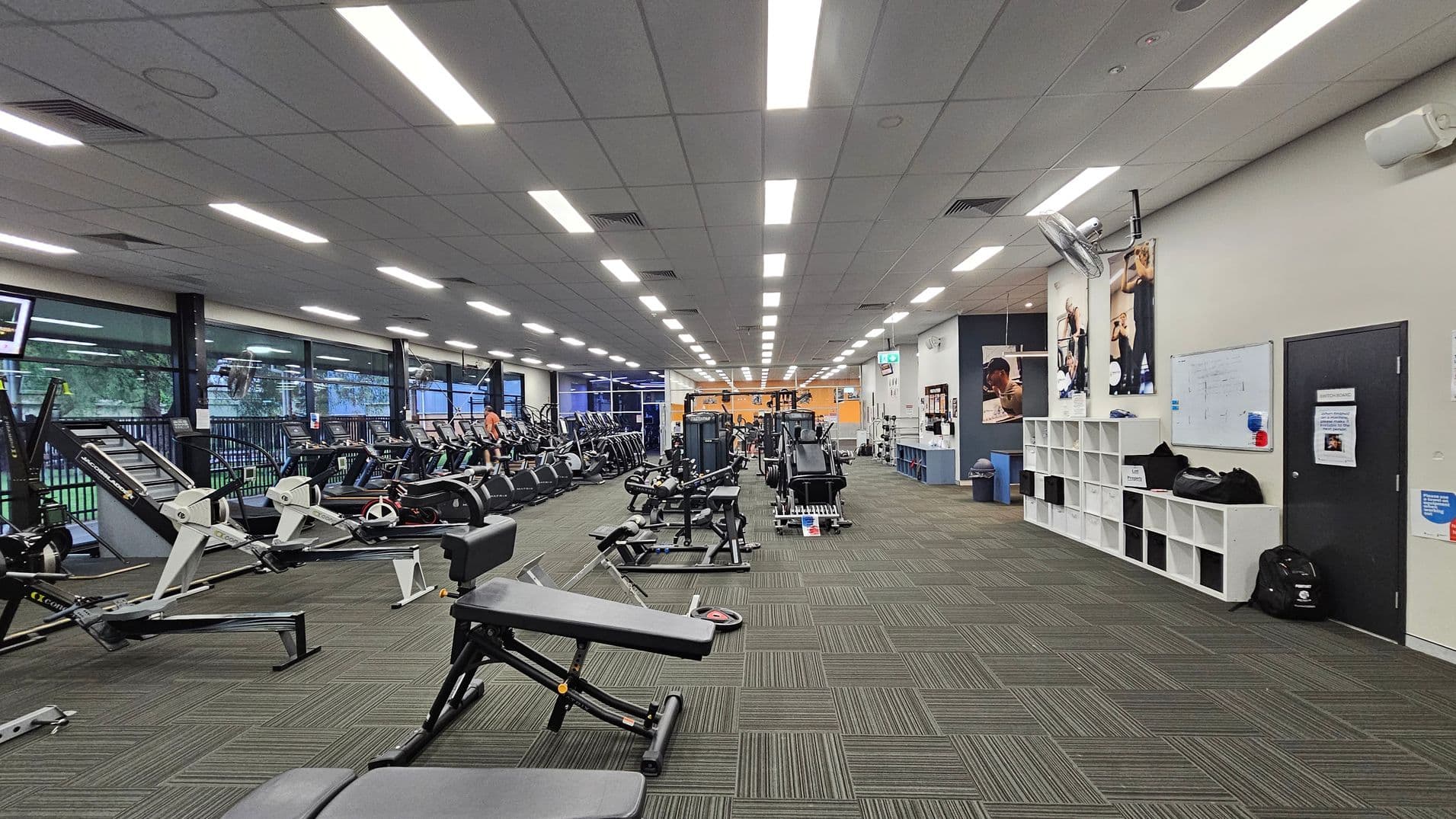 A spacious gym interior with a green carpeted floor. On the left, there are rows of exercise machines, including treadmills and rowing machines, near large windows. In the middle, various weightlifting benches and equipment are arranged. On the right, a wall with white cubby storage units, a whiteboard, and motivational posters. The ceiling is lined with bright fluorescent lights.