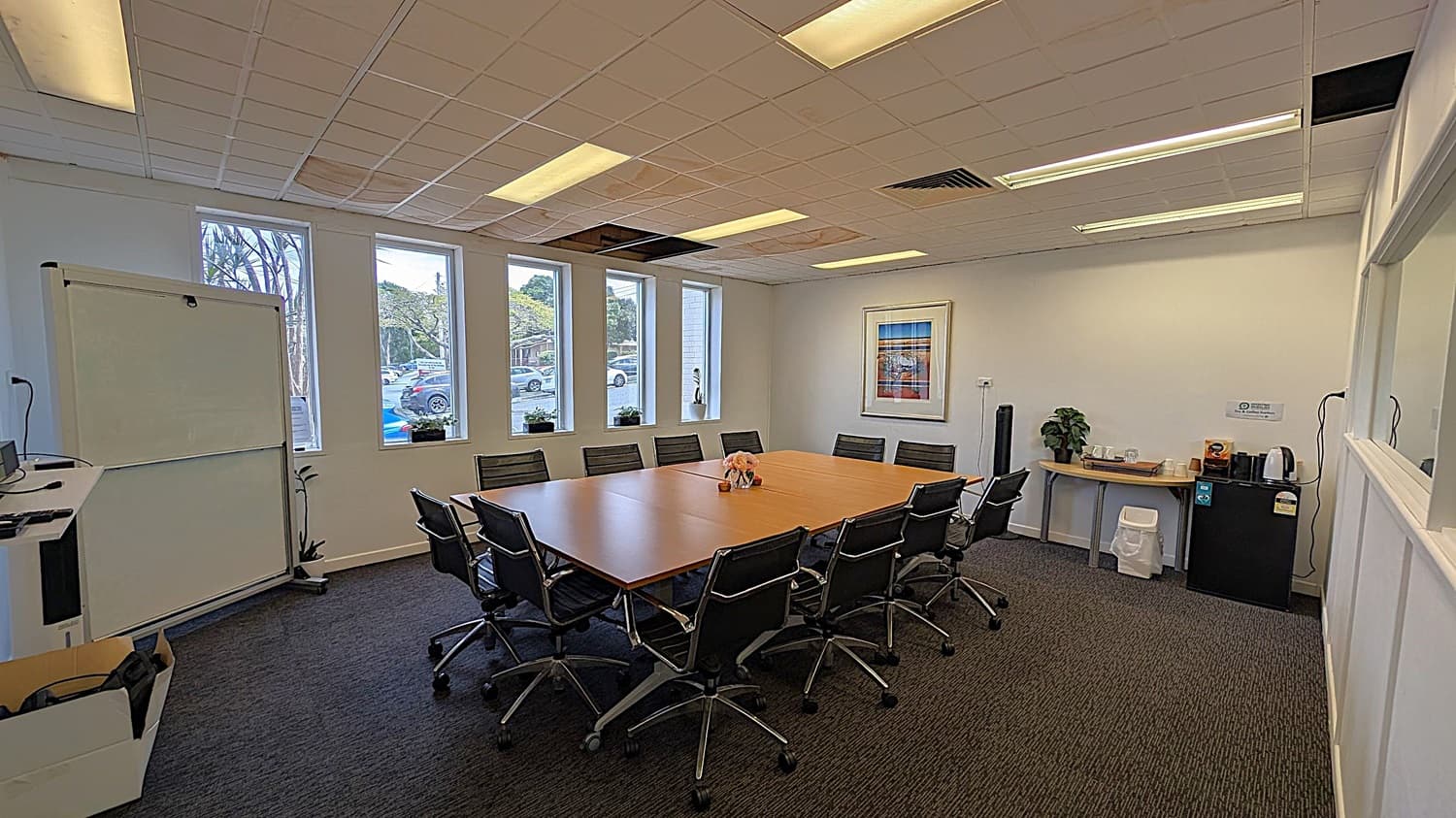 A conference room with a large rectangular wooden table surrounded by black office chairs on a dark carpeted floor. On the left, there is a whiteboard and a box on the floor. The back wall has three tall windows with a view of parked cars and trees outside. On the right, a small table holds a plant, trays, and a kettle, with a mini fridge and a bin below. The ceiling is fitted with fluorescent lights and has a grid pattern. A framed picture hangs on the wall.