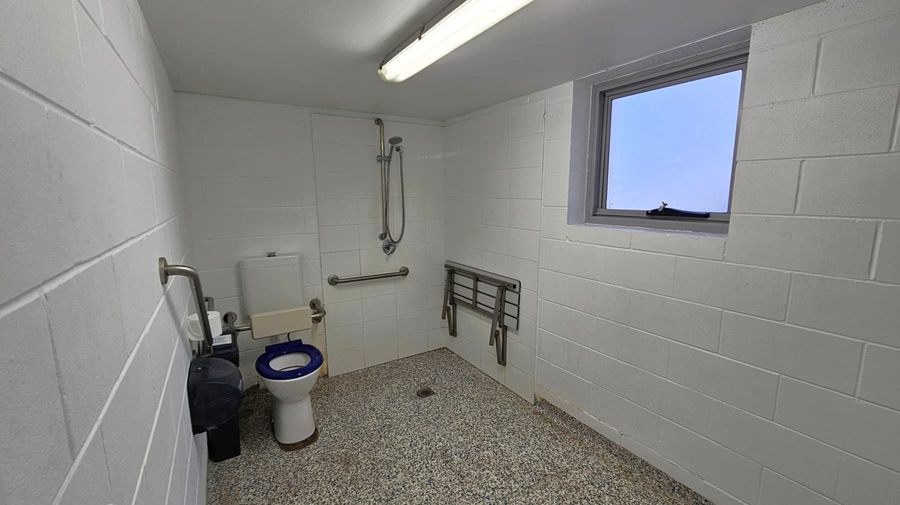 A bathroom with white tiled walls and a speckled grey floor. On the left, there is a toilet with a blue seat, equipped with grab bars and a toilet paper holder. Above the toilet, a cistern is visible. In the centre, a shower area with a handheld showerhead and a horizontal grab bar. On the right, a small window with a handle is set into the wall. A foldable shower seat is mounted on the wall beneath the window. A fluorescent light fixture is on the ceiling.