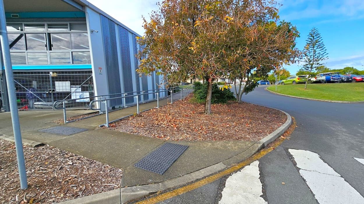 On the left, a building with metal siding and large windows, featuring a ramp with railings leading to the entrance. In the middle, a tree with brown and yellow leaves stands on a mulched area. On the right, a curved road with parked cars on a grassy verge. The foreground shows a zebra crossing on an asphalt surface.