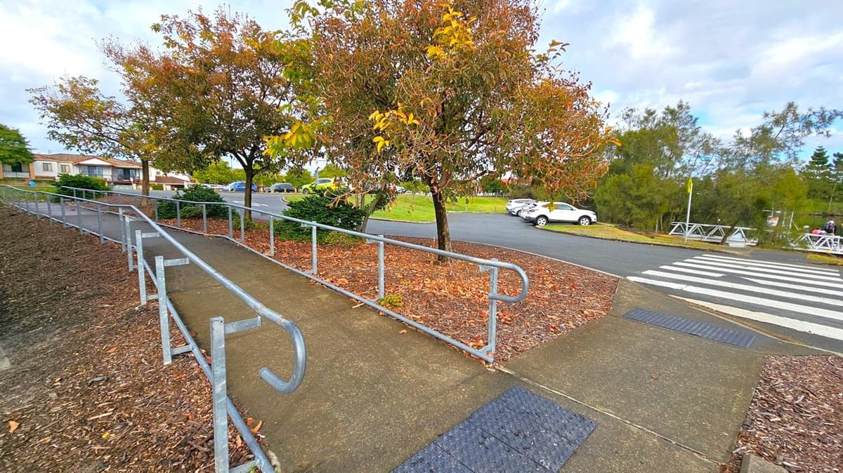A concrete path with metal railings runs diagonally from the foreground to the left, bordered by mulch and fallen leaves. Trees with autumn foliage line the path. In the background, a road with a zebra crossing is visible, with several parked cars on the right. Houses are on the left, and a grassy area with more trees is on the right. The sky is overcast.