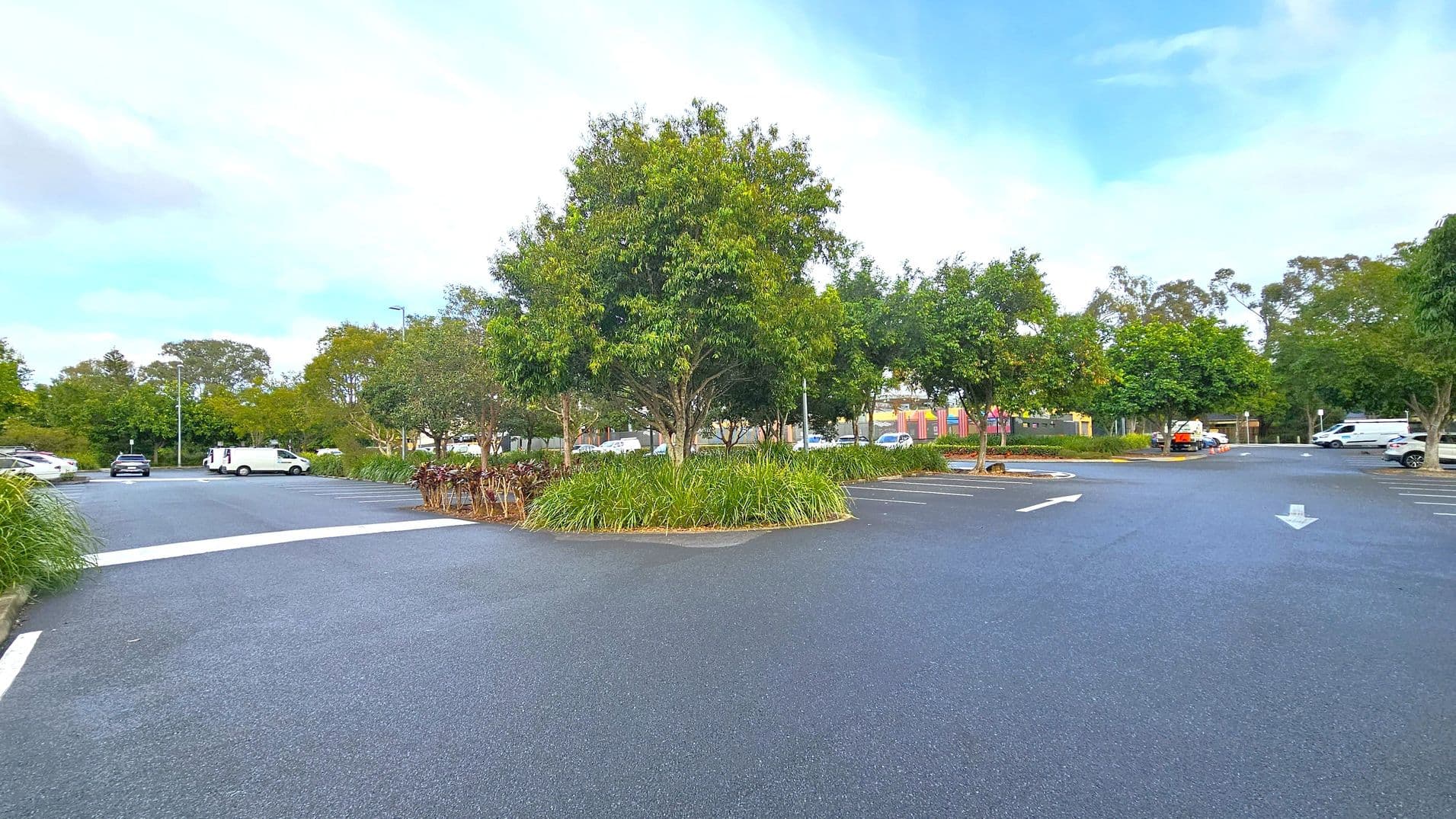 A car park with a central island featuring a large tree surrounded by grass and smaller plants. The tarmac is dark, with white directional arrows painted on it. Several vehicles are parked around the perimeter, including a white van and a black car. In the background, more trees and a colourful building are visible. The area is well-maintained, with clear parking lines and a few streetlights.