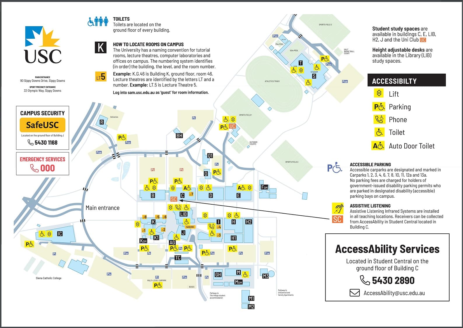 A map of USC highlights key places and contact information. The parking area connects to the restroom and elevators on the left The main entrance is on the right, while accessible parking is on the left. Numbered structures on campus include classrooms, study areas, and restrooms. They are connected to the sports section on the left via a staircase or elevator. The stadium building has a gym and overlooks the 50m pool on the left and a parking area on the right.