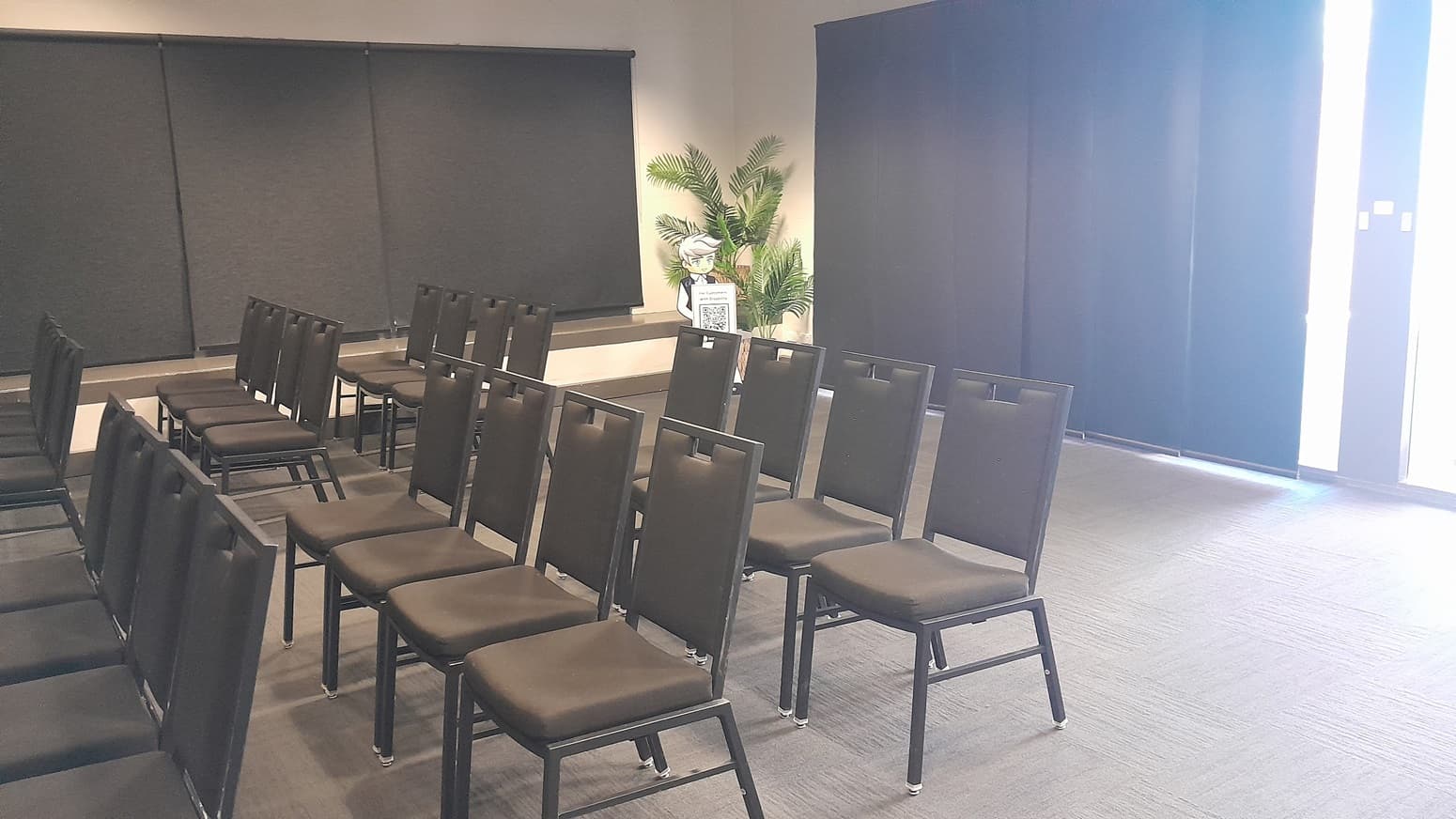 On the left, there are rows of black chairs facing forward, with a wall featuring large black roller blinds. On the right, there are more rows of black chairs and a wall with black curtains partially open, revealing a bright light. In the middle, there is a potted plant with broad leaves placed on a small table. The floor is covered in dark grey carpet, and the ceiling is white with recessed lights.