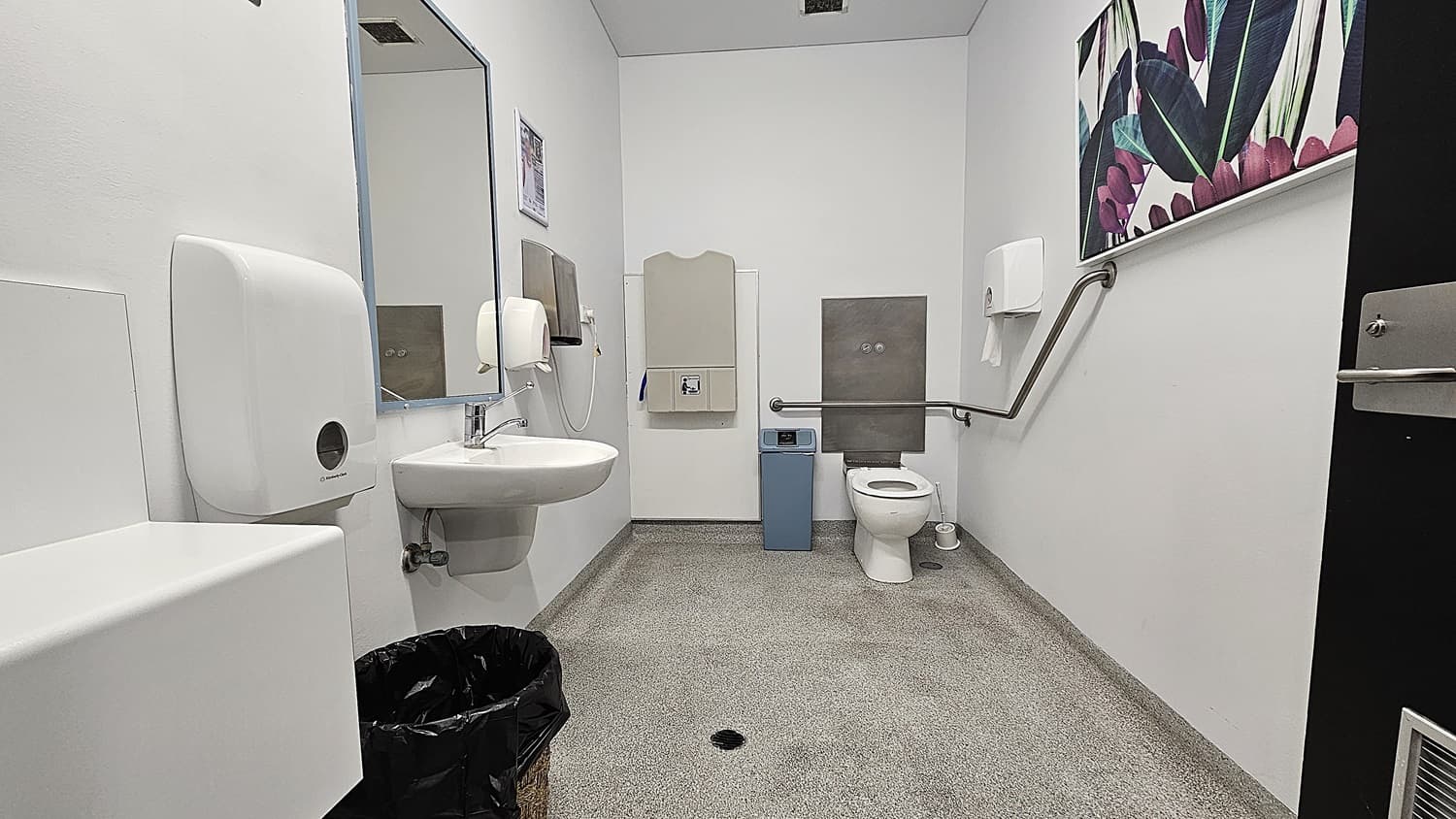 On the left, there is a white wall-mounted soap dispenser, a sink with a mirror above it, and a black bin on the floor. On the right, there is a white toilet with a grey grab rail next to it, a white toilet paper dispenser, and a colourful framed picture above. In the middle, there is a grey hand dryer and a blue bin. The floor is covered in grey speckled tiles, and the ceiling is white with recessed lighting.