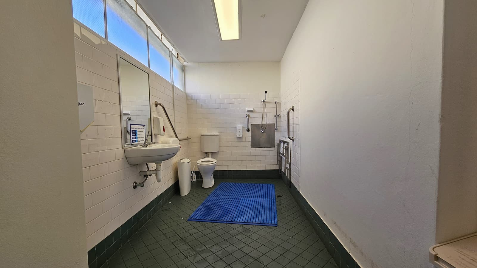 Inside the accessible bathroom, the toilet bowl equipped with handrails is in the left corner. Next to it is a rubbish bin. Adjacent to it is the shower, with hand rails and a foldable bench affixed to the right wall. To the left is a washbasin, mirrors, along with a liquid soap and tissue dispenser. The grey floor is equipped with a blue non-slippery mat, and the ceiling and wall are white with fluorescent lights. The upper left features a glass window.