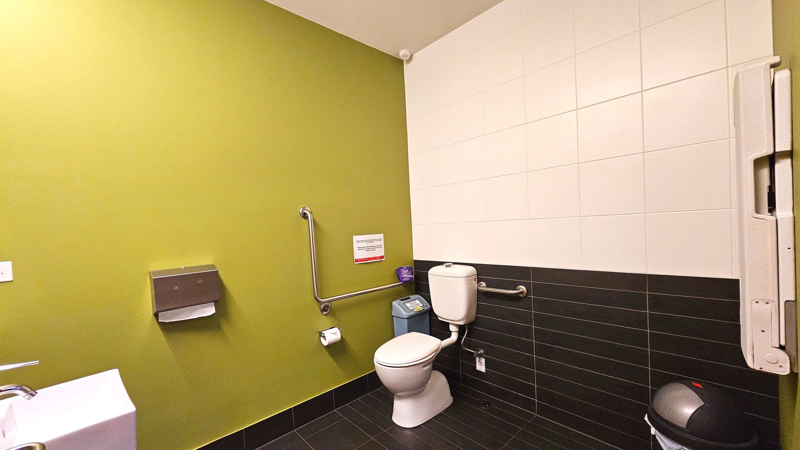A public restroom with a green wall and white tiles above dark tiles. A white toilet with a silver grab rail on the right and a blue sanitary bin beside it. A stainless steel toilet paper holder and a paper towel dispenser are mounted on the green wall. A white sink with a silver tap is partially visible on the left. A small waste bin with a lid is on the floor near the door.