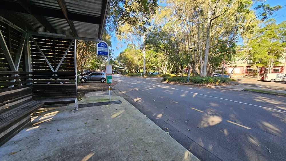 A bus stop with a metal shelter featuring diagonal support beams is situated on a concrete pavement. A blue and white bus stop sign is visible next to the shelter. Across the road, a row of parked cars is partially obscured by tall trees with dense foliage. The road is lined with a kerb and appears to be two lanes wide. Sunlight filters through the trees, casting shadows on the pavement and road.