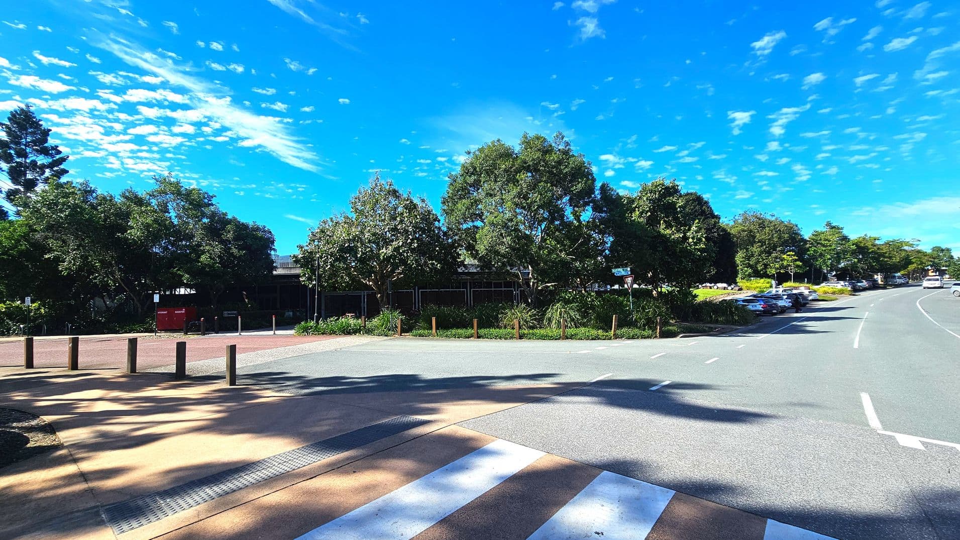 A road curves gently to the right, bordered by a row of parked cars on the right and a line of trees and shrubs on the left. A pedestrian crossing with white stripes is visible in the foreground, leading to a paved area with bollards. Behind the trees, a low building is partially visible. The area feels open with clear pathways and a mix of concrete and asphalt surfaces.